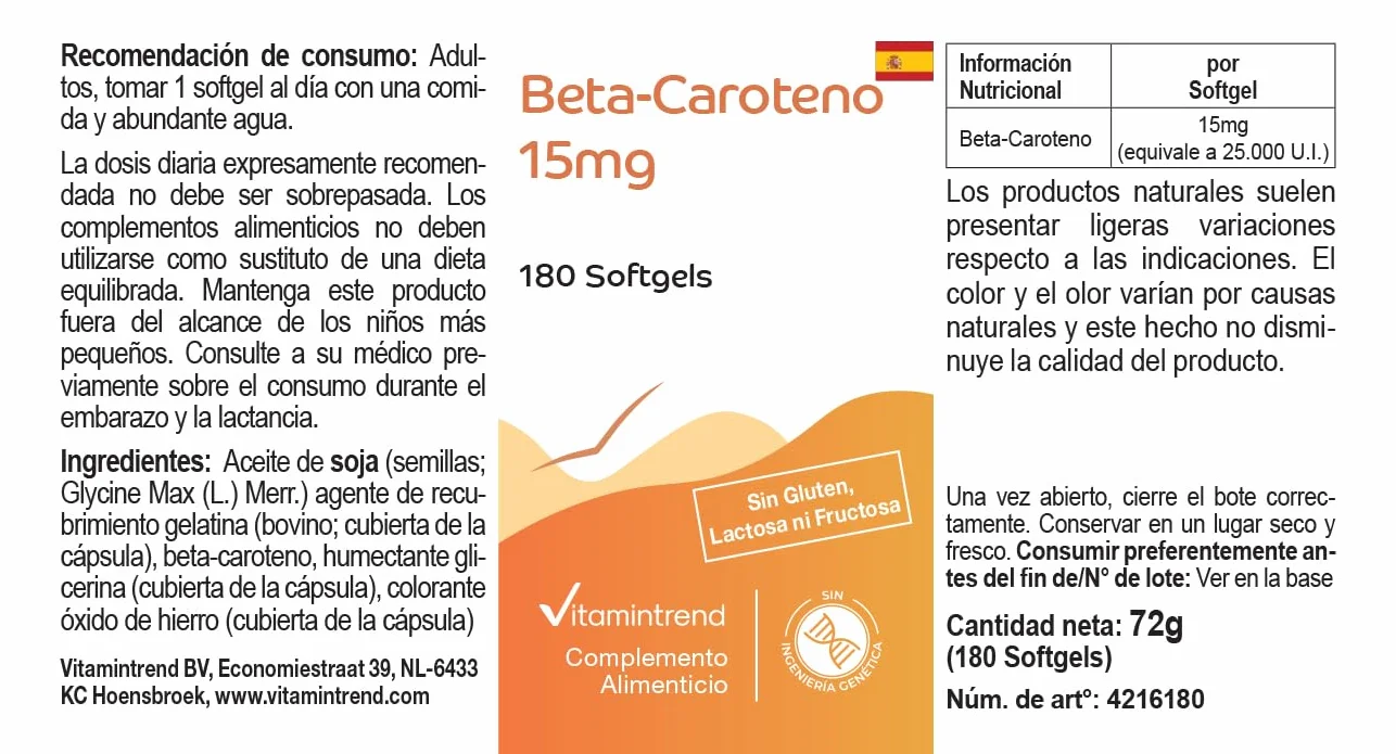Vitamintrend Beta-karoten 15mg, 180 kapsułek po 15mg (odpowiada 25 000 j.m.), wysoka dawka, bez stearynianu magnezu, wyprodukowane w Niemczech.