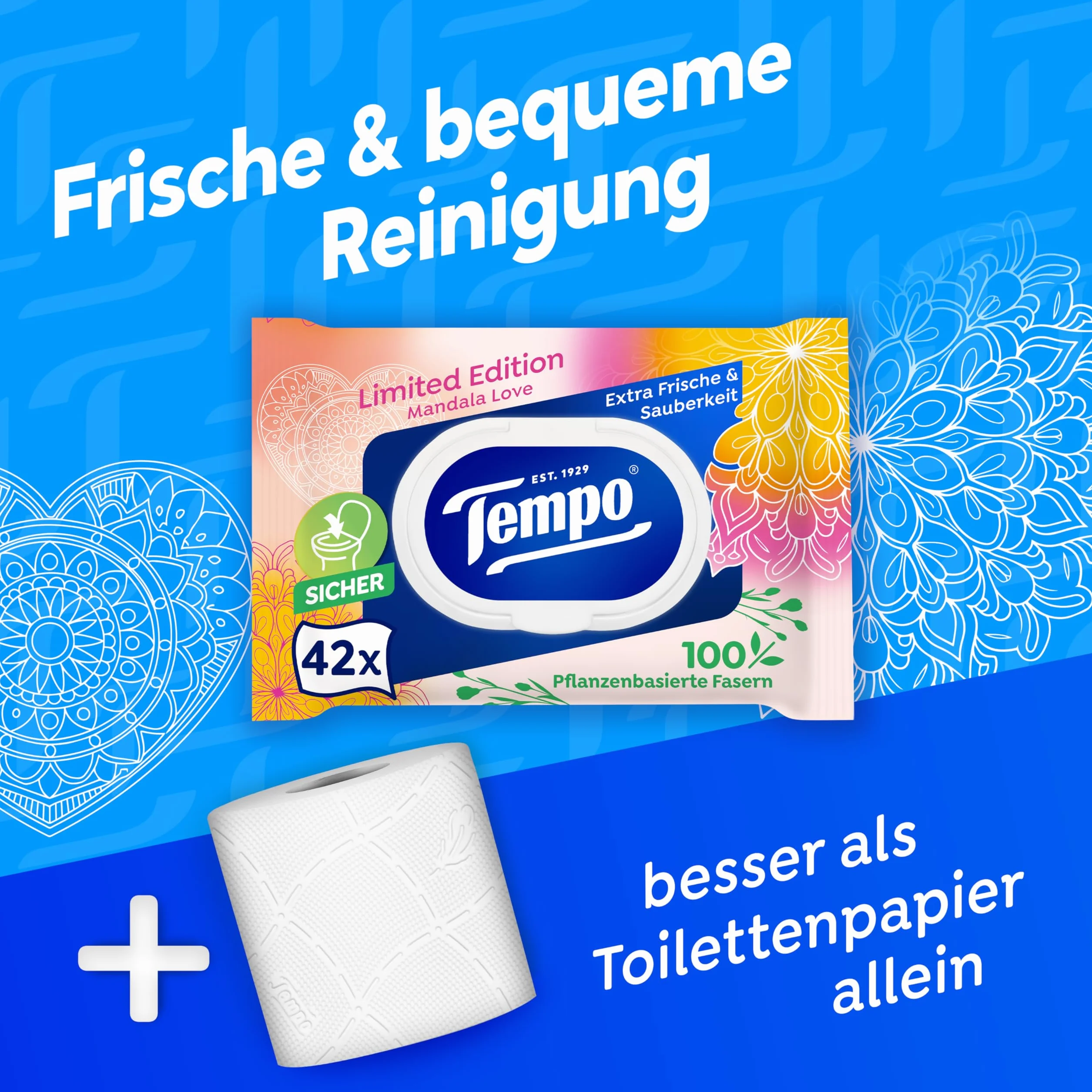 Tempo Mein VerwöhnMoment Limited Edition mokry papier toaletowy – zmieniające się wzory, bez barwników, możliwość ponownego zamknięcia, opakowanie ekonomiczne, 16 x 42 chusteczki nawilżane