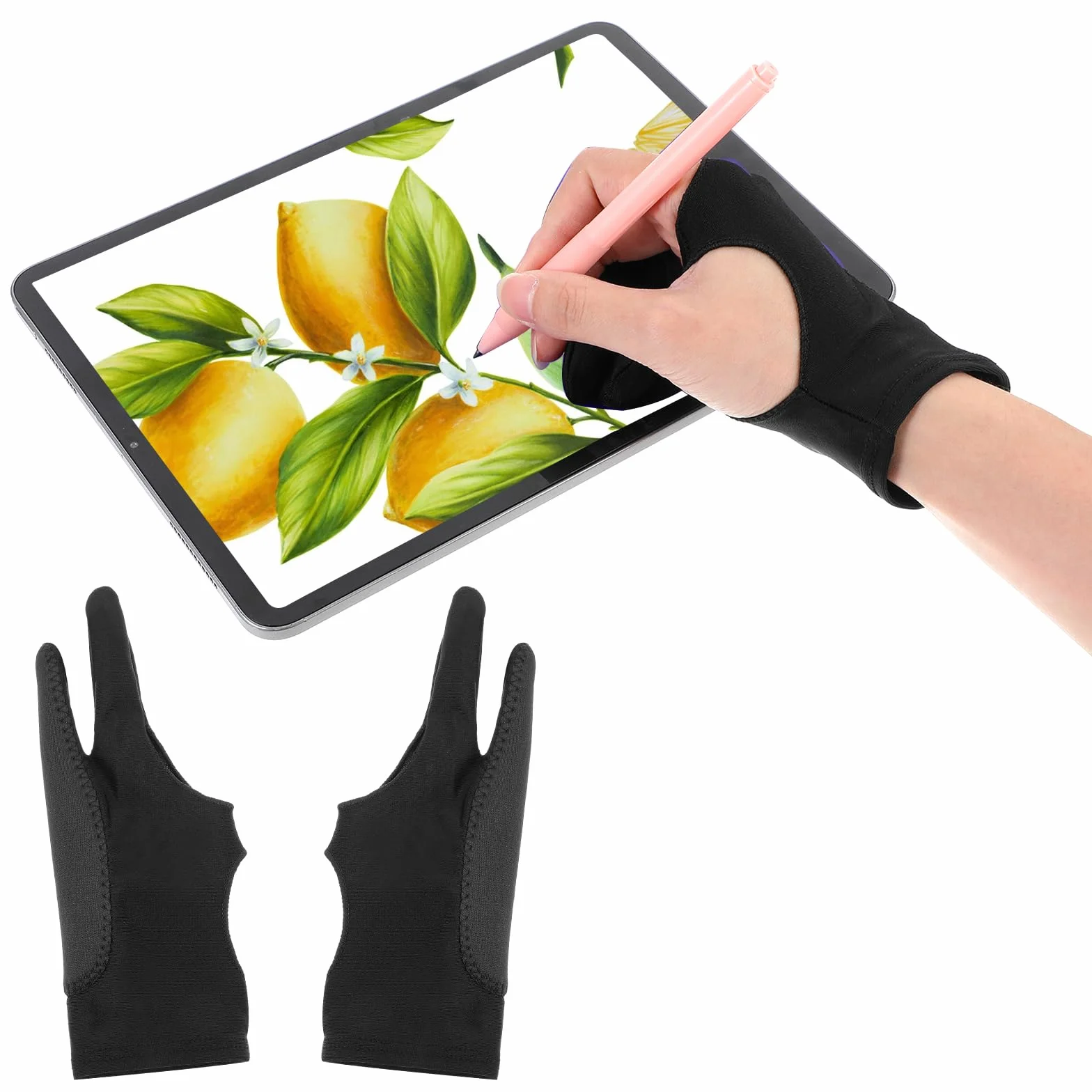 Qianyu Rękawica artystyczna, cyfrowa rękawica do rysowania, prawa i lewa, 2 palce, czarne rękawiczki do tabletu graficznego, do szkicowania papieru, ochrona przed plamami, rysik i rysik