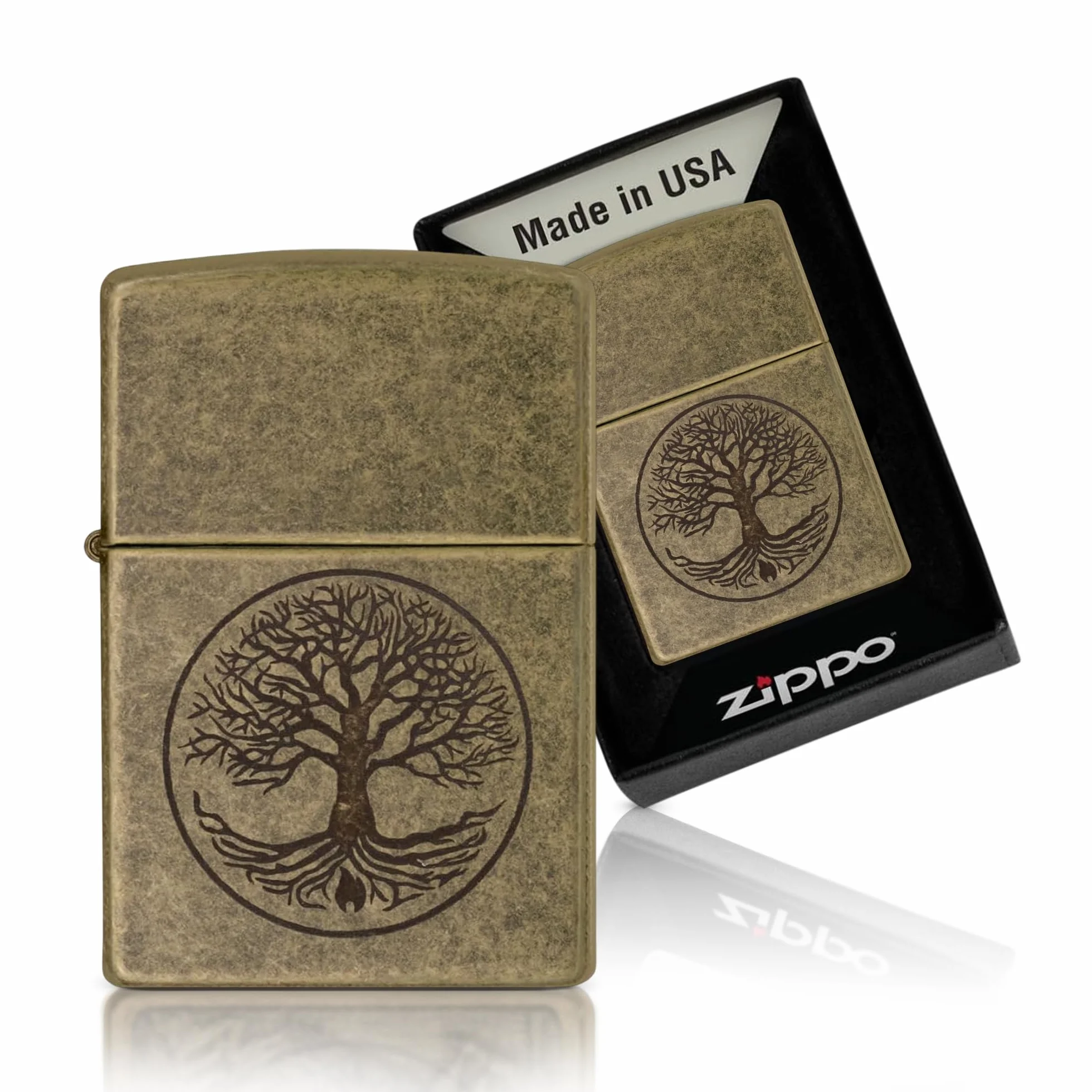 Zippo Zapalniczka Sztormowa Tree Of Life, Antyczny Mosiądz, Lustro, Wielokrotnego Użytku, Wiatroszczelna Konstrukcja, Pudełko Prezentowe, Wyprodukowana w USA