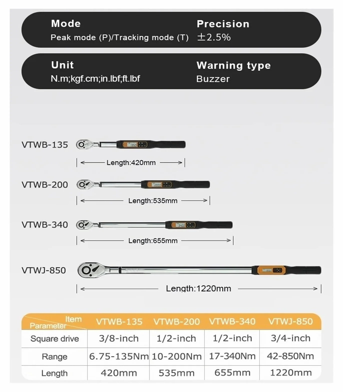 Cyfrowy klucz dynamometryczny 3/8 135 Nm 1/2 cala 200 Nm 340 Nm z brzęczykiem i diodą LED (VTWB-135)