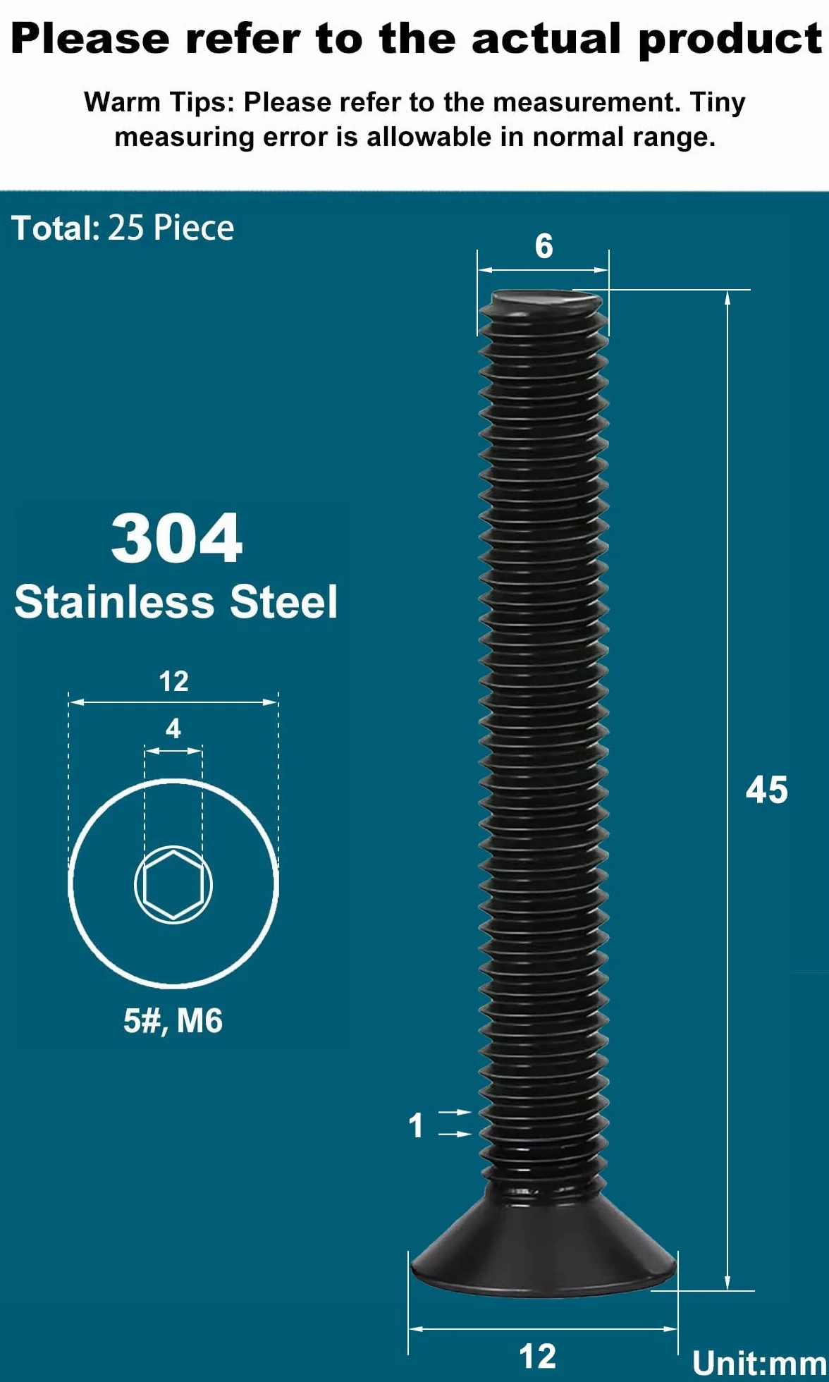 Drenky 25 szt. śrub z łbem stożkowym czarne stal nierdzewna M6 x 45 mm DIN 7991 gniazdo sześciokątne z łbem stożkowym A2 V2A VA