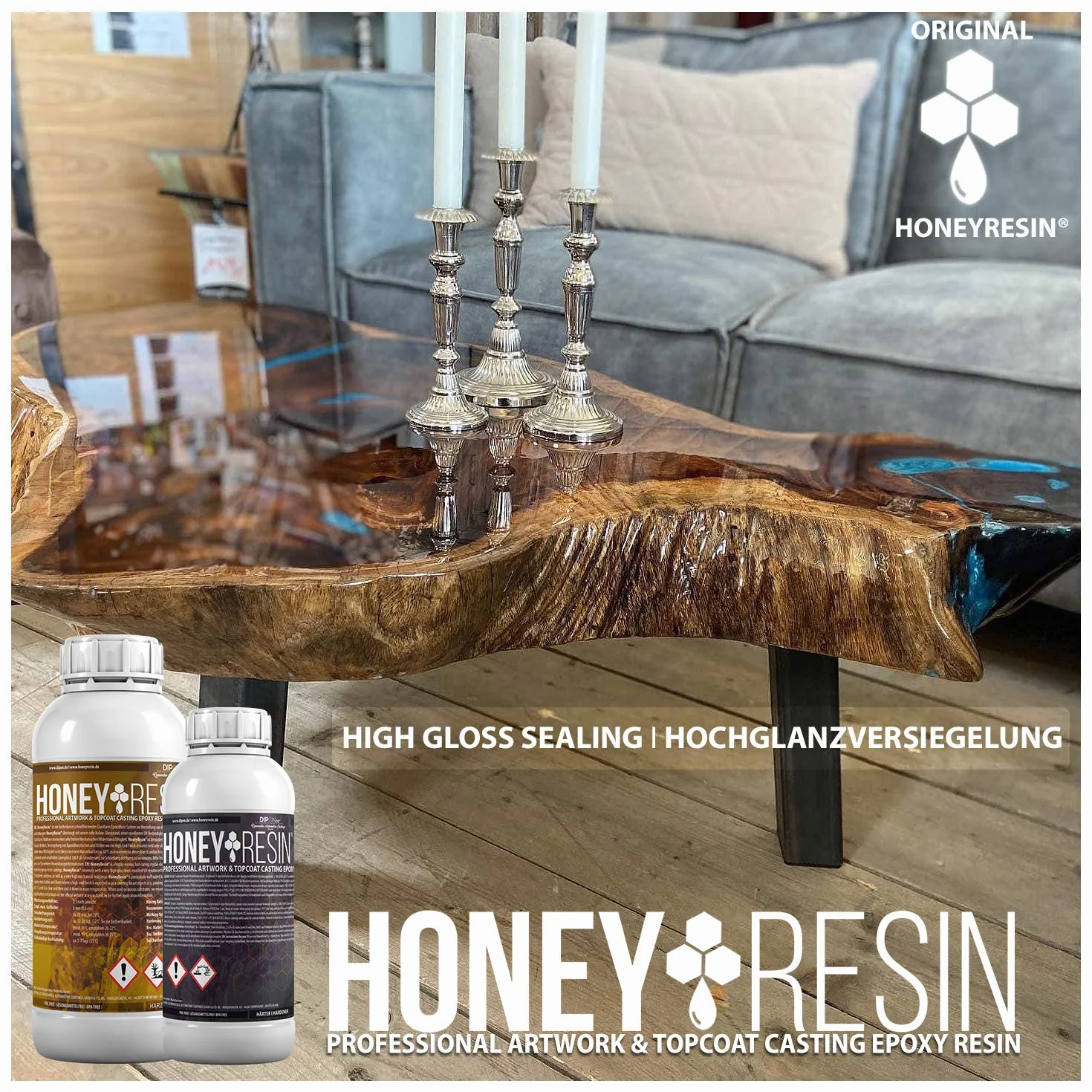 Żywica epoksydowa Honey Resin Professional ArtWork & TopCoat Żywica epoksydowa o wysokiej lepkości I Szybkoschnąca I Do uszczelniania drewna, płótna, podłóg 3D, blatów kuchennych, żywicy