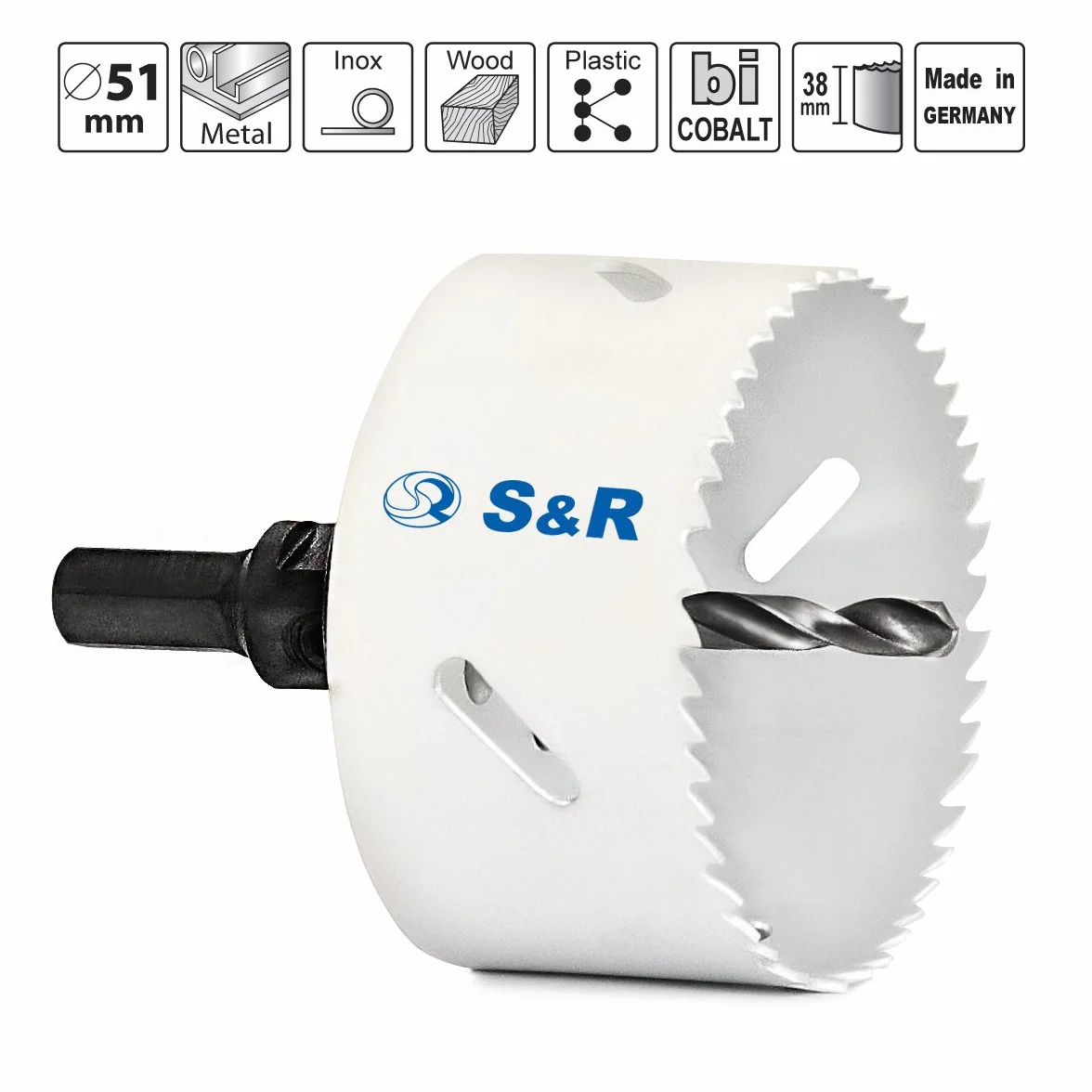 S&R Otwornica, bimetal HSS z uchwytem otwornicy HEX - QUICK i wiertłem centrującym, uniwersalna do drewna, metalu, plastiku, płyt gipsowo-kartonowych (51 mm)