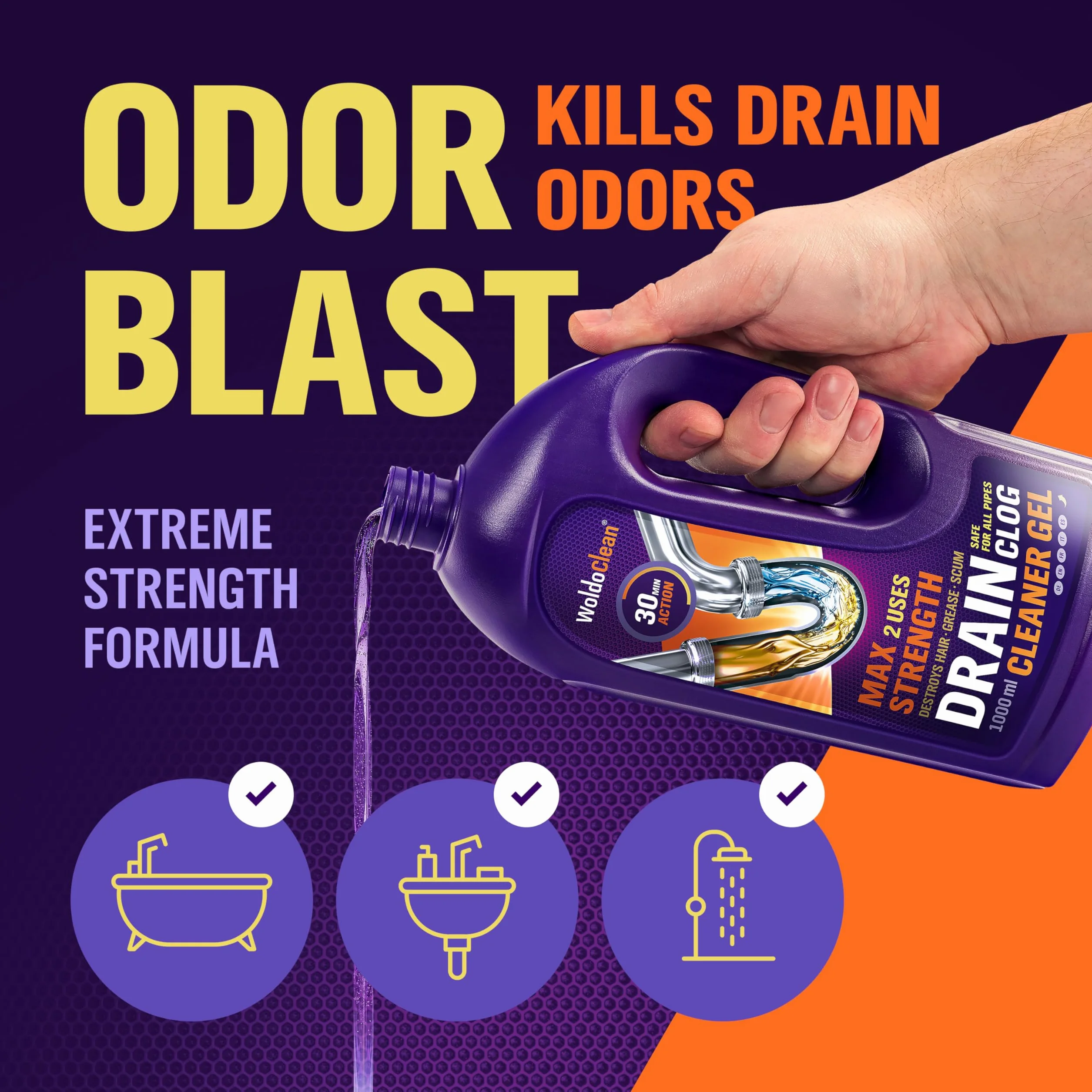 WoldoClean Żel do udrażniania odpływów i rur 1000 ml – ekstremalnie skuteczny na włosy i tłuszcz, środek do udrażniania rur do kuchni i łazienki, do prysznica, umywalki i wanny, działa nawet przez sto