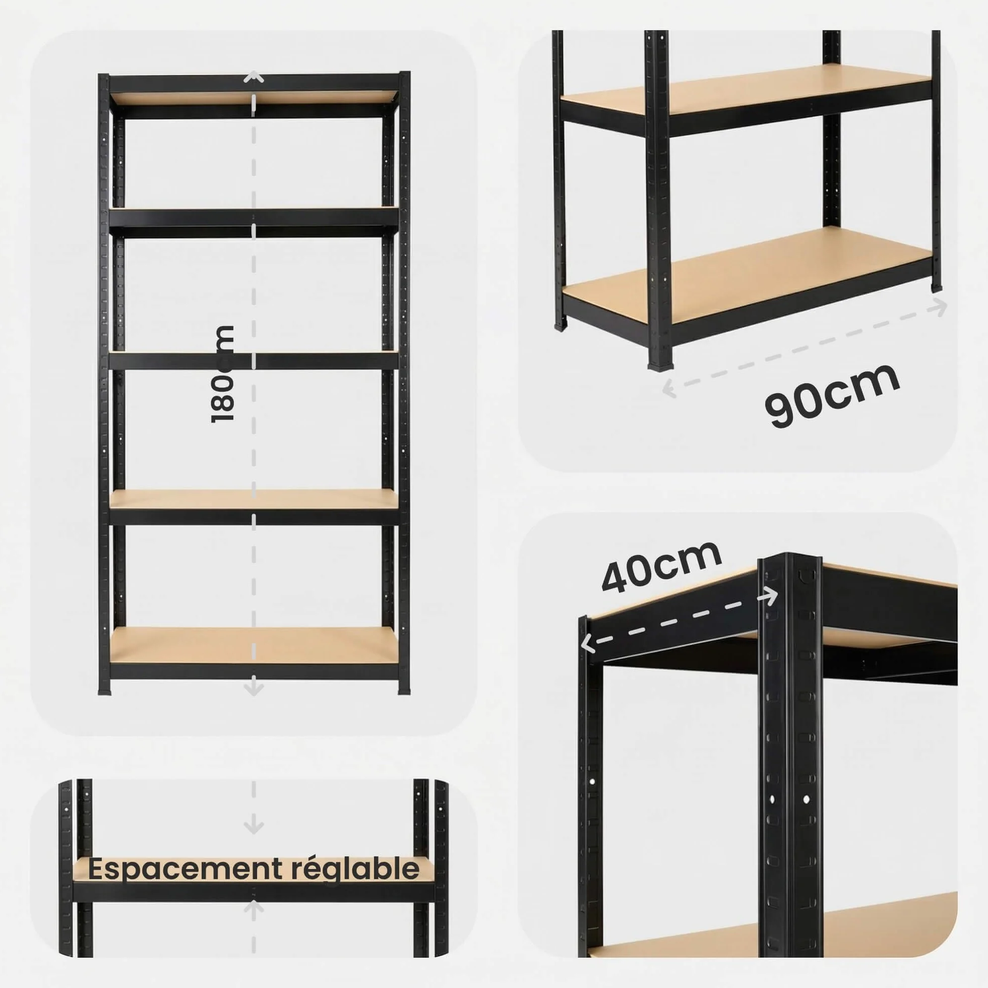 Arebos Regał do dużych obciążeń | 180 x 90 x 40 cm | nośność 875 kg | 0,63 mm | 5 płyt MDF | regał do przechowywania | regał piwny, bezśrubowy | regał warsztatowy | Czarne