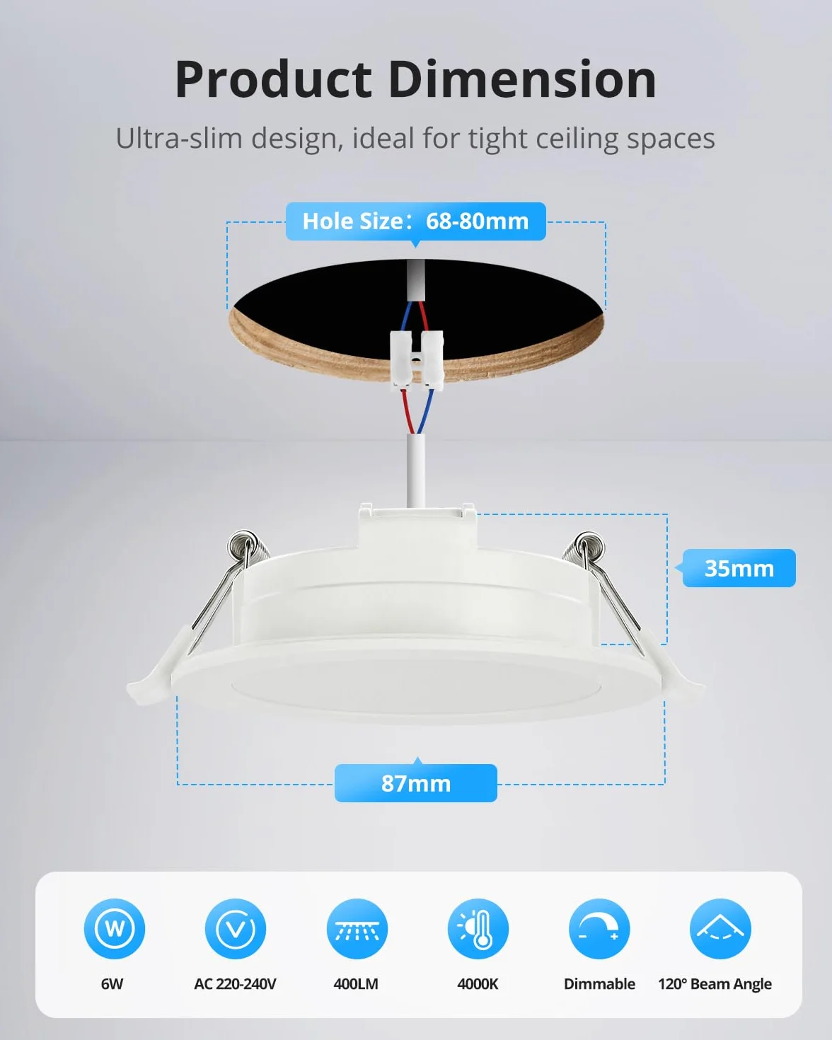 Gr4tec Reflektor LED do zabudowy, możliwość ściemniania, 10 x 6 W, IP65, neutralna biel, 4000 K, 400 lm, bardzo płaski reflektor wpuszczany 35 mm, otwór Φ68-80 mm, reflektory sufitowe do salonu