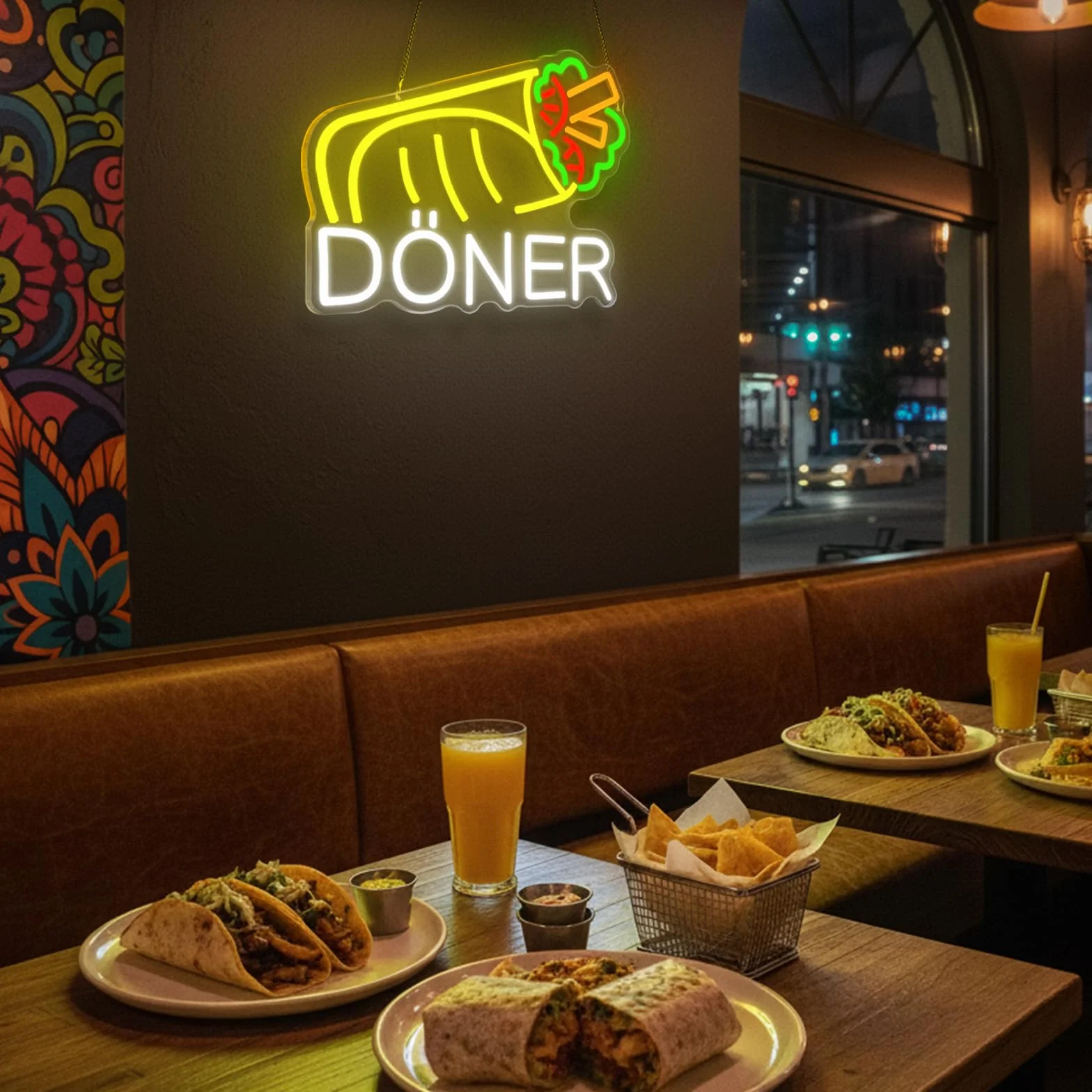 Döner Neonowy szyld, kebab szyld reklamowy, tabliczka świecąca LED, zasilanie USB z przełącznikiem ściemniania, do sklepów, kebabów, kebabów, sklepów z kebabem (kebab)