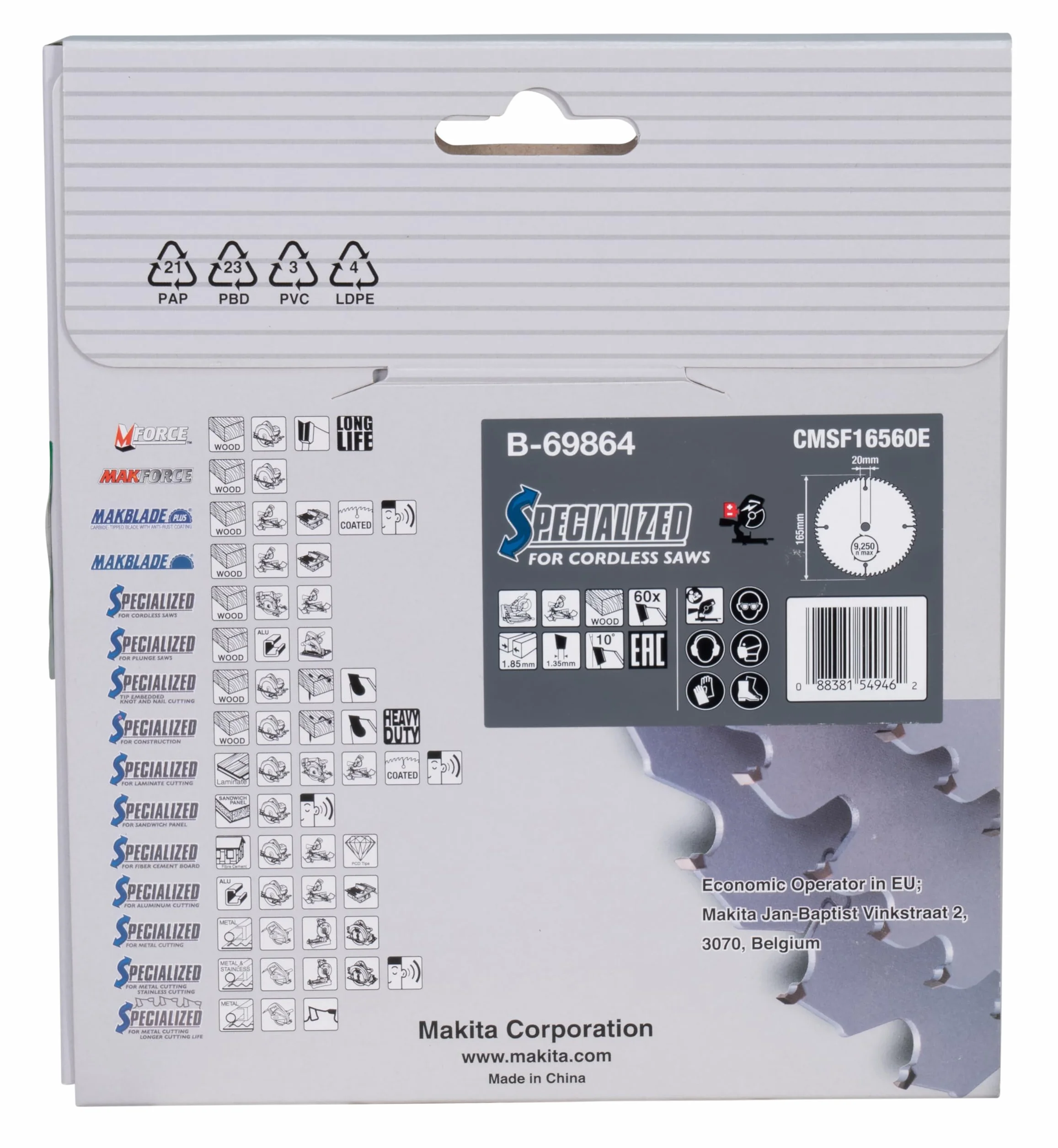 Makita B-69864 EFFICUT brzeszczot do piły tarczowej Ø 165 x 1,85 x 20 mm, 60 zębów, kąt zębów 10°, do czystych i szybkich cięć w drewnie, do akumulatorowych pił nasadowych i ukośnych