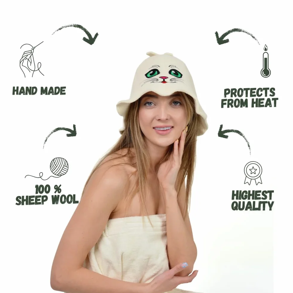 Tkaniny naturalne Sauna Hat 'Sauna Kitten' White - 100% Organic wełniane kapelusze dla rosyjskiej Bania - Protect Your Head od ciepła - English Sauna eBook Przewodnik w cenie - z haftem