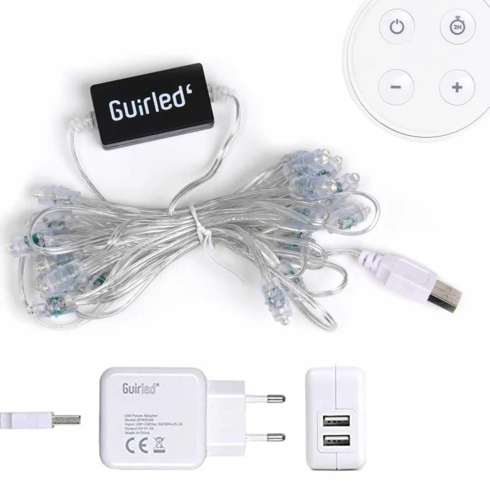 GuirLED - Łańcuch świetlny LED z bawełnianymi kulami USB – bezprzewodowy pilot zdalnego sterowania – lampka nocna dla dziecka 2 h – podwójny zasilacz USB 2 A w zestawie – 4 intensywności – 24 kulki