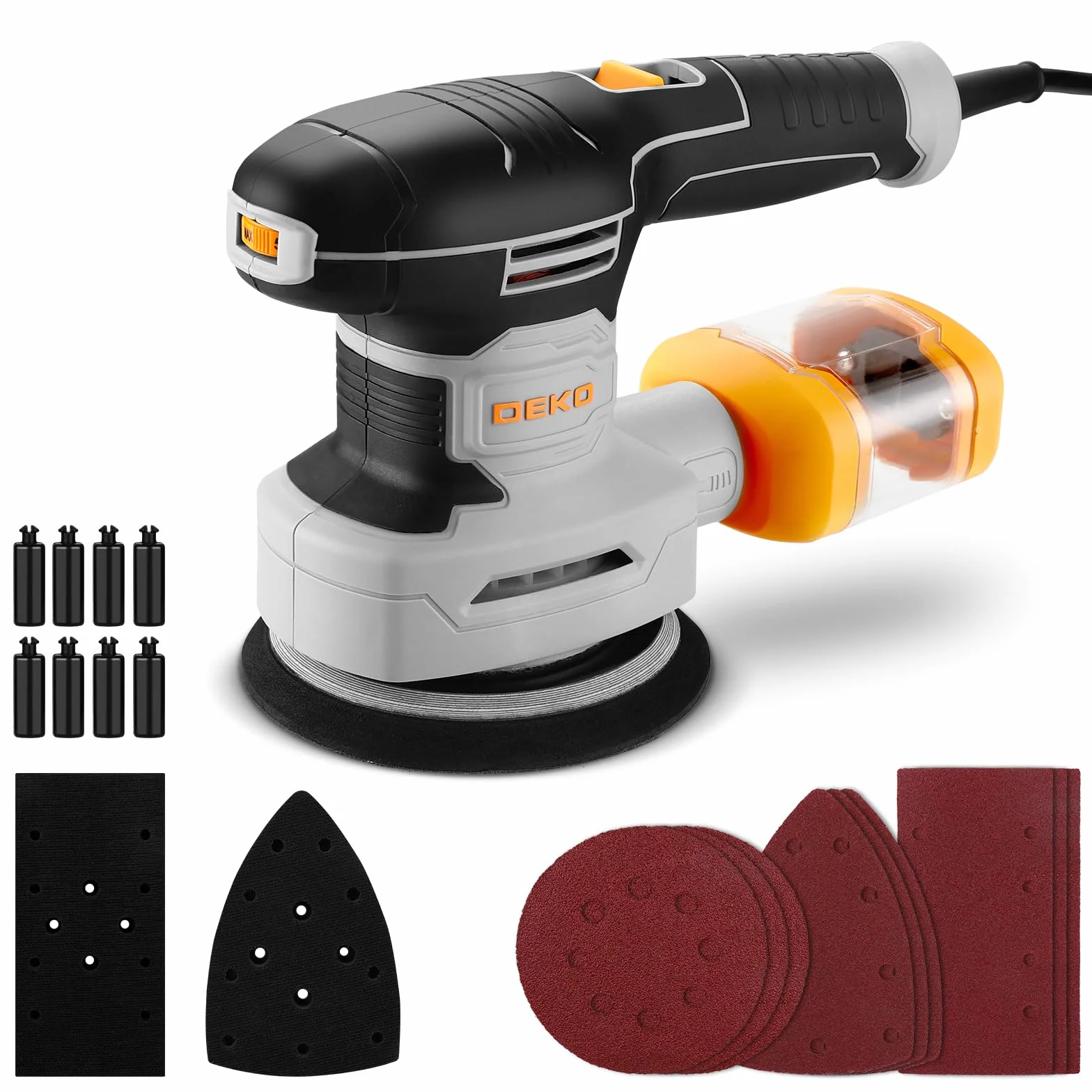 DEKOPRO szlifierka mimośrodowa, 125 mm, szlifierka oscylacyjna 3 w 1-6 Speed Electric do drewna, z 15 szt. papieru ściernego (kolor szary)