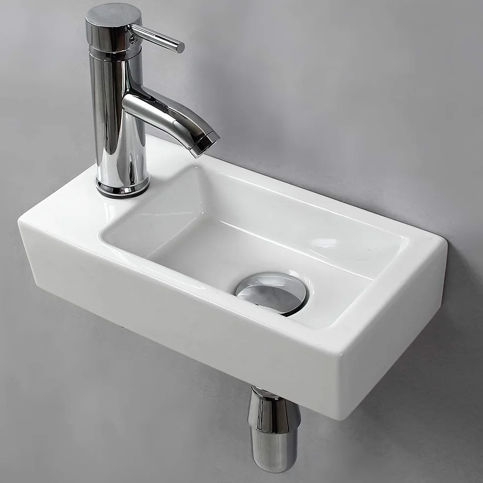Wisząca mała ścienna ceramiczna umywalka, prostokątny zlew do szatni (lewa)