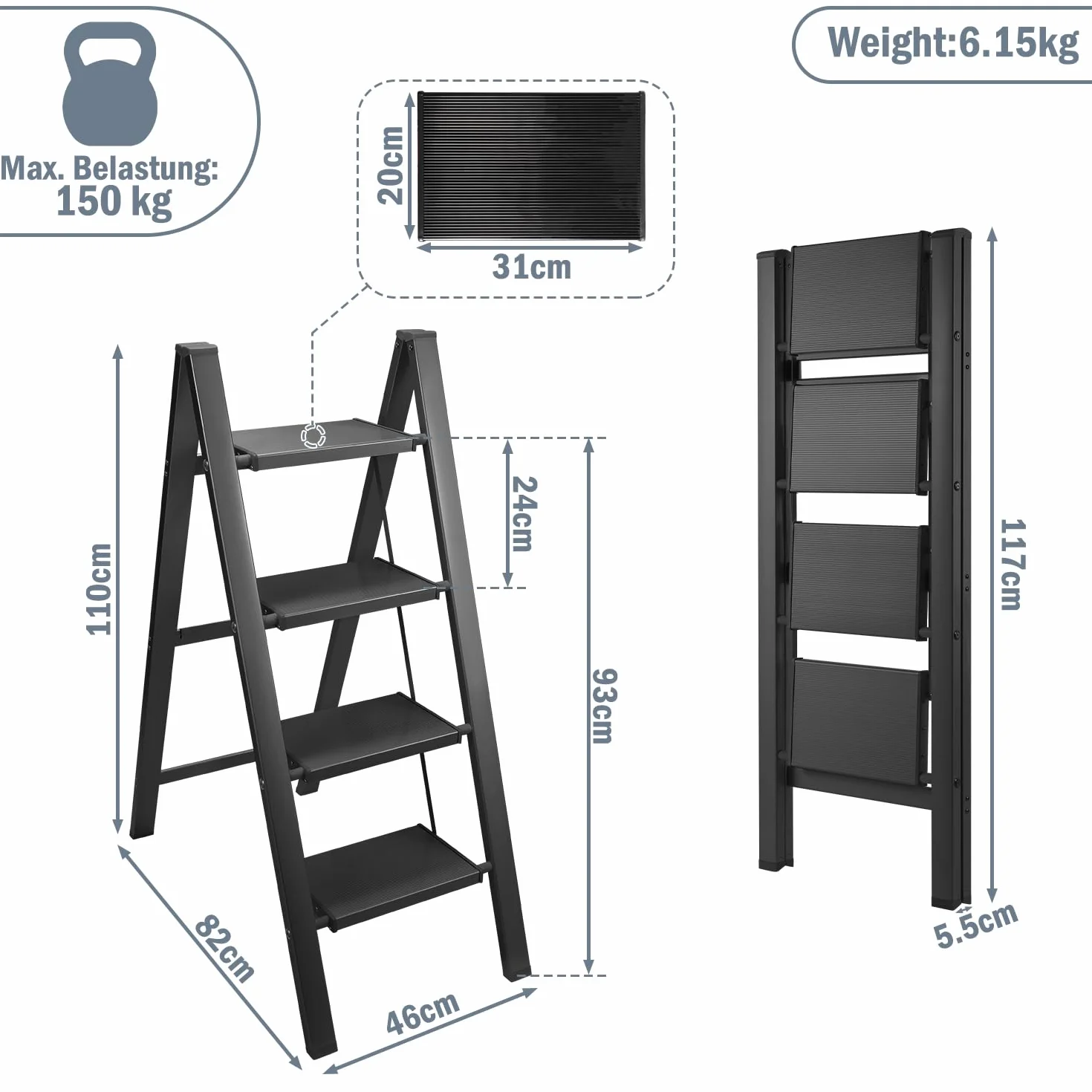 Aluminiowa drabina schodkowa, 4-stopniowa drabina, aluminiowa drabina składana, antypoślizgowa drabina stojąca, mała i kompaktowa, obciążenie do 150 kg, do gospodarstwa domowego, biura,