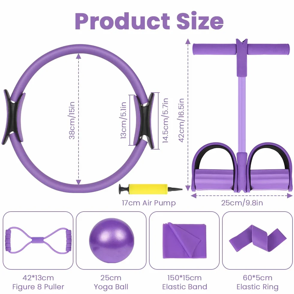 Zestaw pierścieni do pilatesu, 15''/38cm Magic Circle z podwójnymi uchwytami, 6-częściowy zestaw niezbędnych akcesoriów do pilatesu zawierający lateksową taśmę oporową, piłkę do jogi, elastyczny