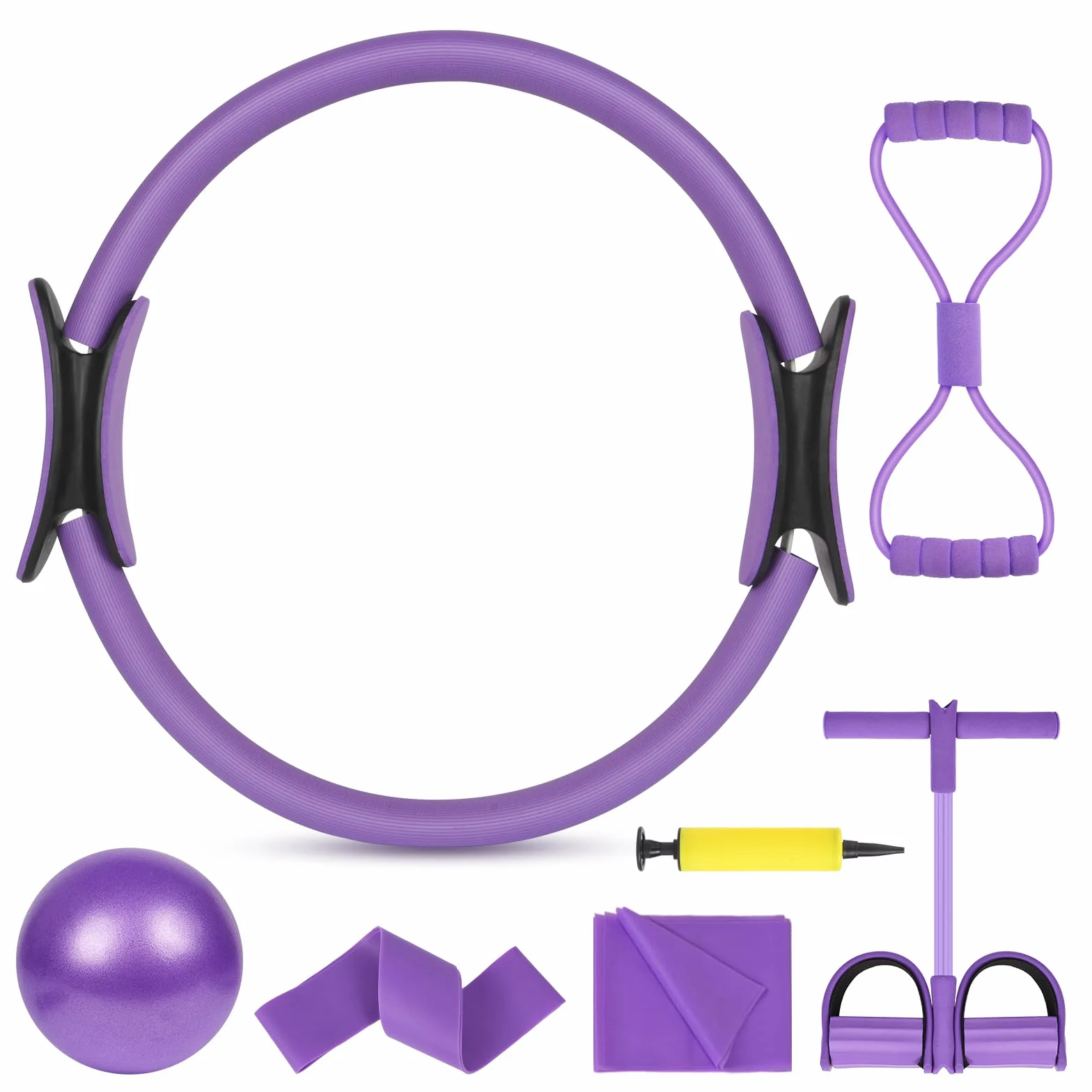 Zestaw pierścieni do pilatesu, 15''/38cm Magic Circle z podwójnymi uchwytami, 6-częściowy zestaw niezbędnych akcesoriów do pilatesu zawierający lateksową taśmę oporową, piłkę do jogi, elastyczny