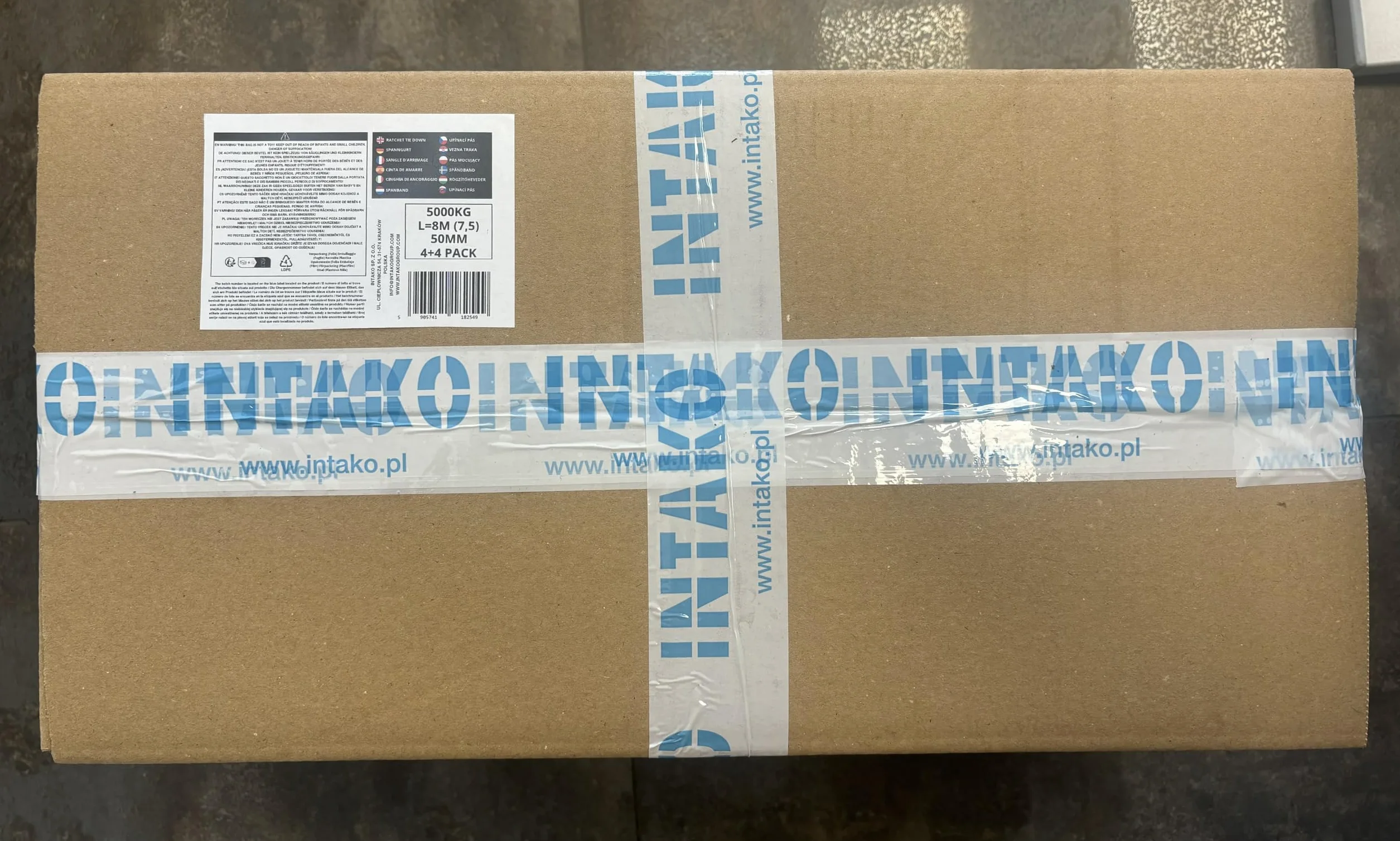 INTAKO Pas Transportowy z Napinaczem 8M x 5000KG x 50MM - Zestaw 4 Pasów + 4 Narożniki - Pasy Mocujące z Grzechotką do Ładunku TIR-a - Zgodne z normą DIN EN 12195-2
