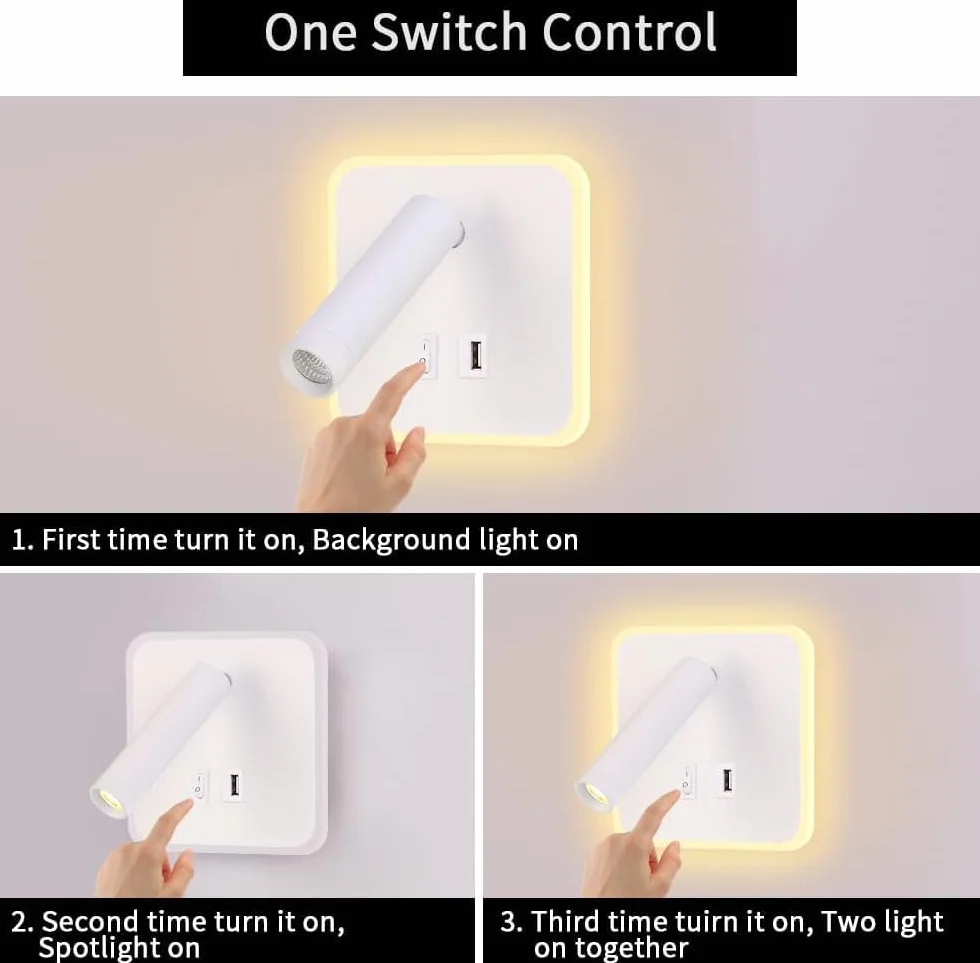 ERWEY Kinkiet LED 8 W lampka nocna do czytania Lampa ścienna z regulowanym reflektorem (3W 4000K +5 W 3000K) z portem ładowania USB (kwadrat, biały)