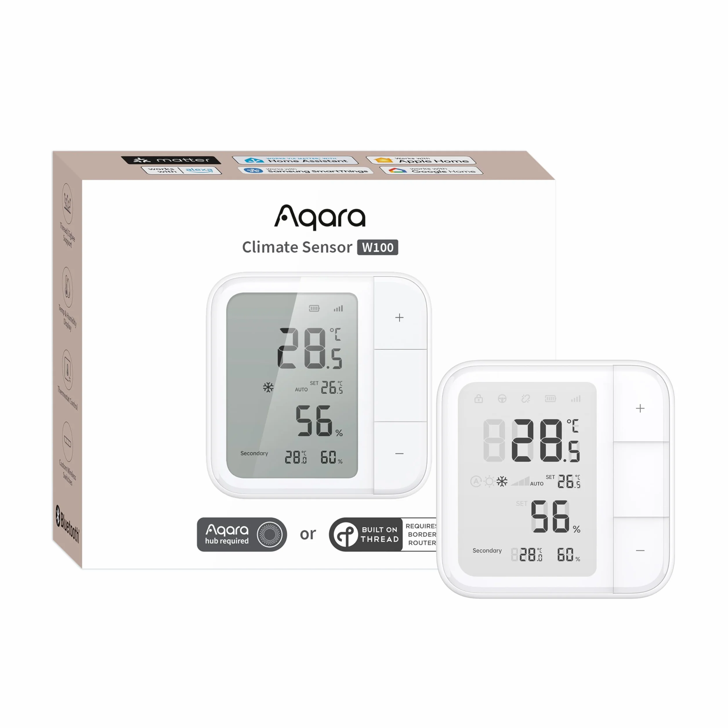 Aqara Thread/Zigbee Wielofunkcyjny czujnik temperatury W100, Temperature & Humidity Monitoring, Bezprzewodowy, Zdalne Sterowanie HVAC, 3 przyciski, Matter, HomeKit, Apple Home, Alexa, Google