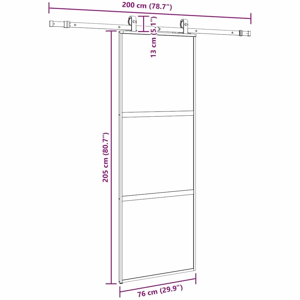 Aluminiowe drzwi przesuwne czarne 76 x 205 cm z matowym szkłem hartowanym, łącznie z zestawem okuć ze stali malowanej proszkowo dla cichego i bezpiecznego użytkowania