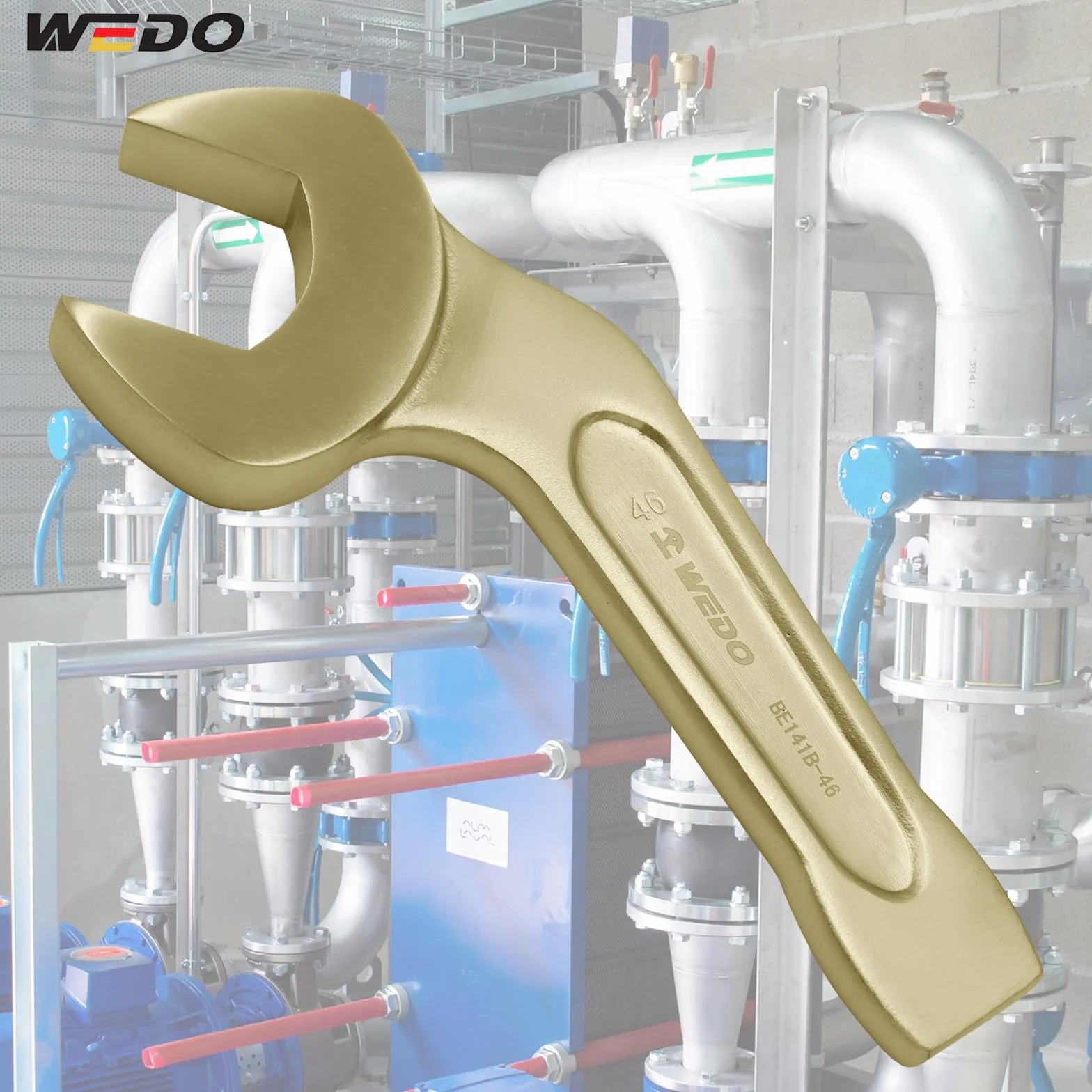 WEDO Nieiskrzący wygięty klucz uderzający z otwartym końcem 45 stopni, klucz bezpieczeństwa, brąz aluminiowy, standard DIN, certyfikat BAM i FM, 7,6", 190 mm x 32 mm