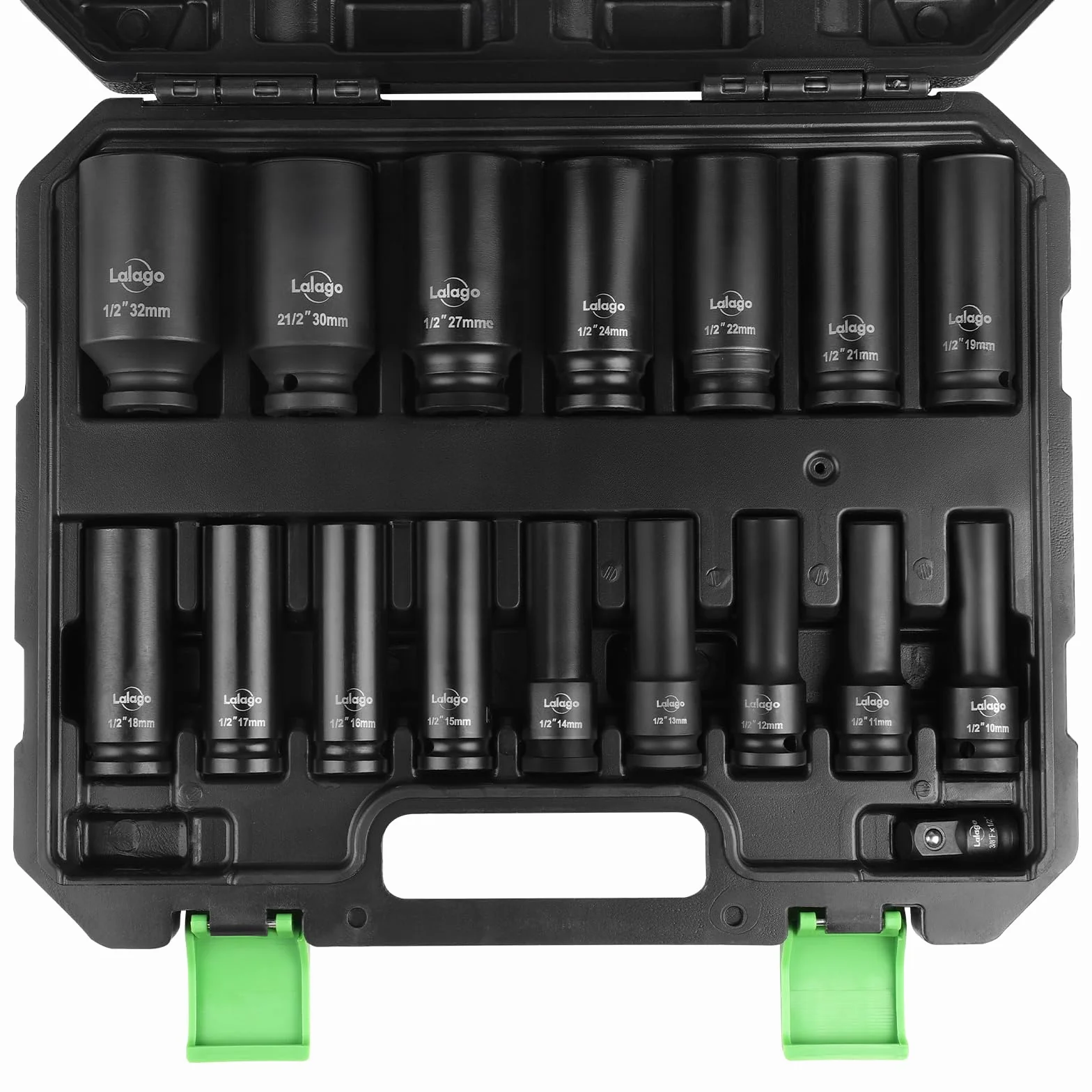 LALAGO 17-częściowy zestaw nasadek do wkrętarki udarowej, 1/2 cala (12,7 mm) 10-32 mm, zestaw nasadek do kluczy udarowych CR-V, mocny zestaw kluczy nasadowych z adapterem 3/8" na 1/2", zestaw nasadek