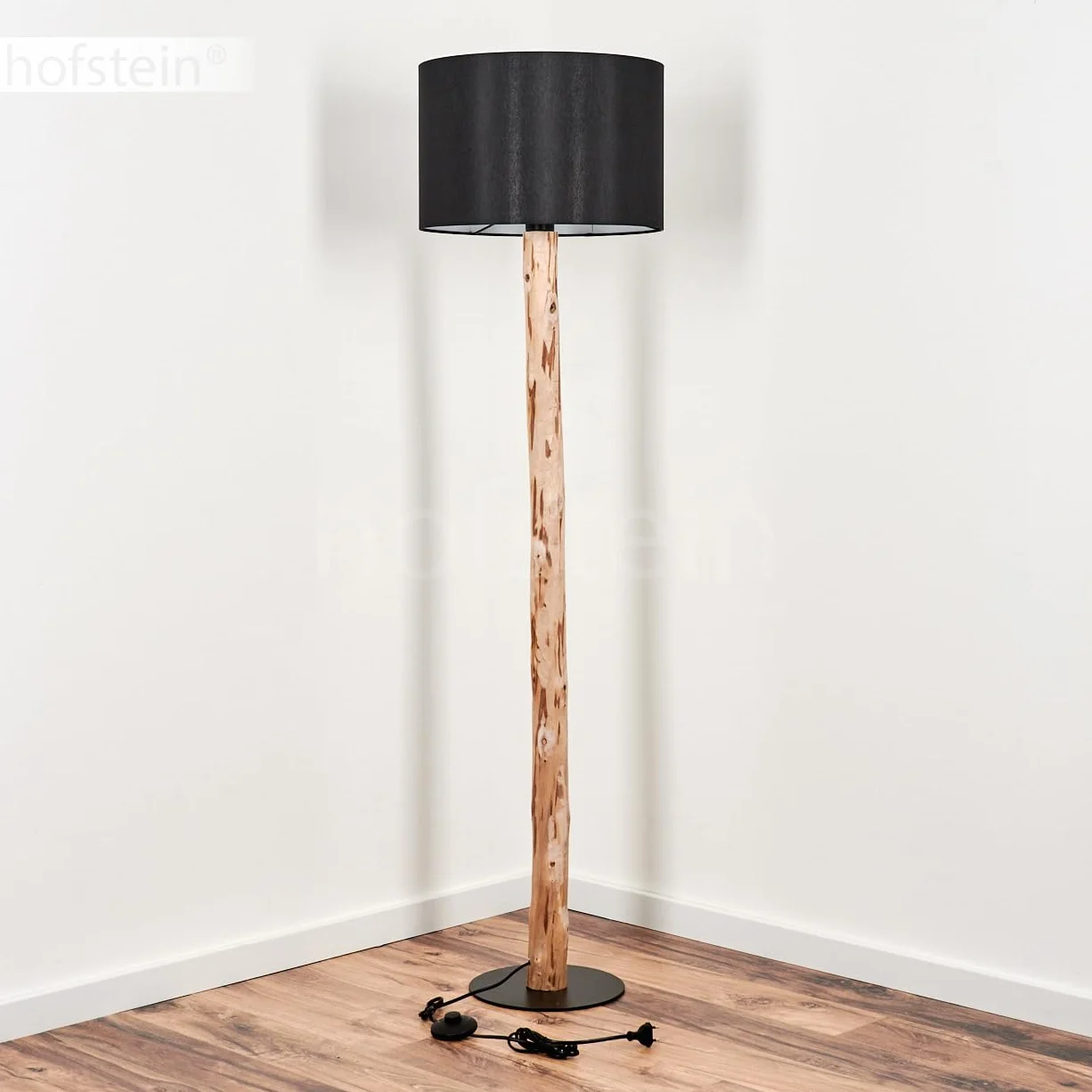 Lampa stojąca Saladillo, nowoczesna lampa stojąca z drewna/metalu/materiału w kolorze naturalnym/czarnym/białym, lampa w skandynawskim stylu z okrągłym kloszem (Ø 38 cm) i przełącznikiem nożnym,