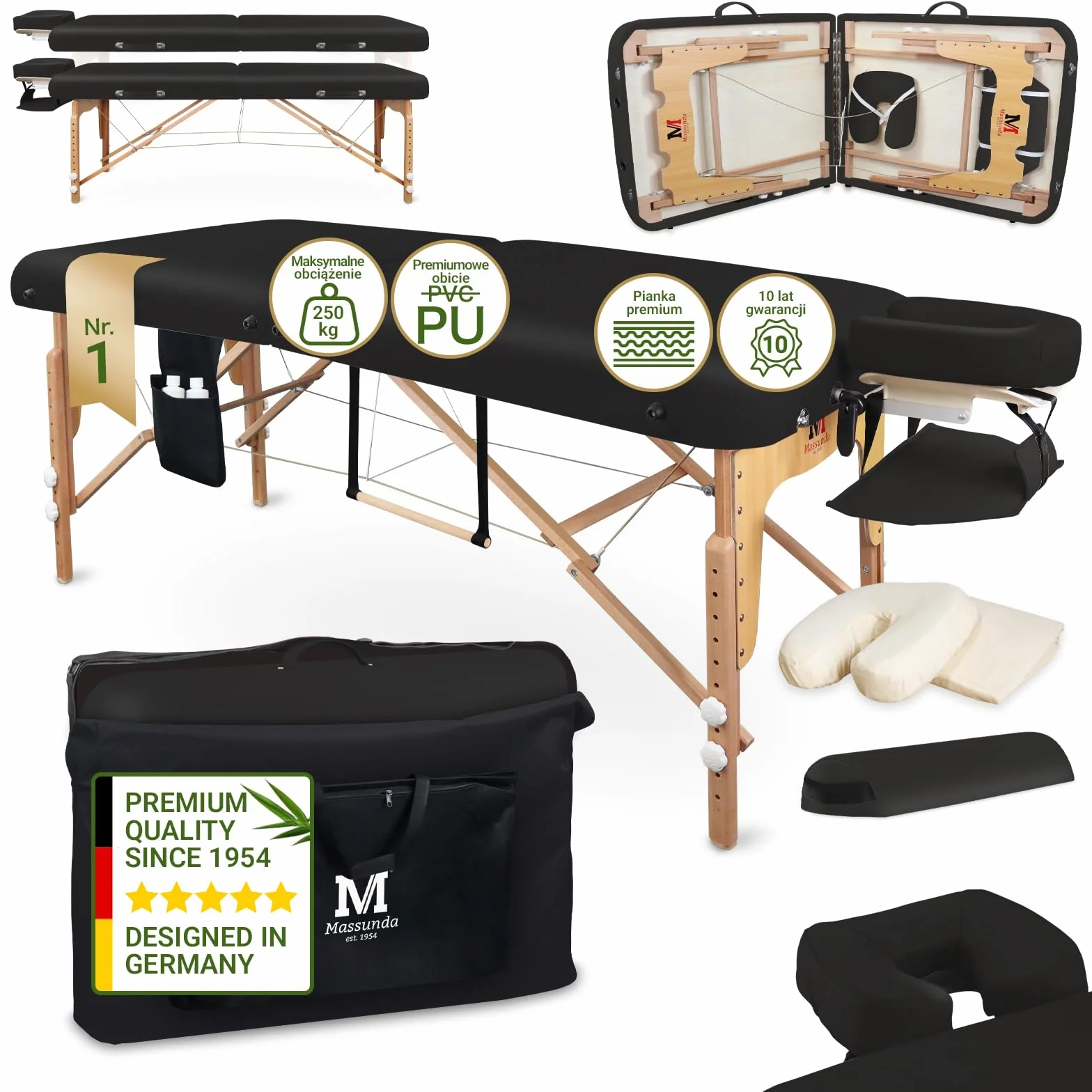 MASSUNDA Mobile Comfort Deluxe stół do masażu składany z regulacją wysokości szeroki lite drewno ergonomiczny zagłówek