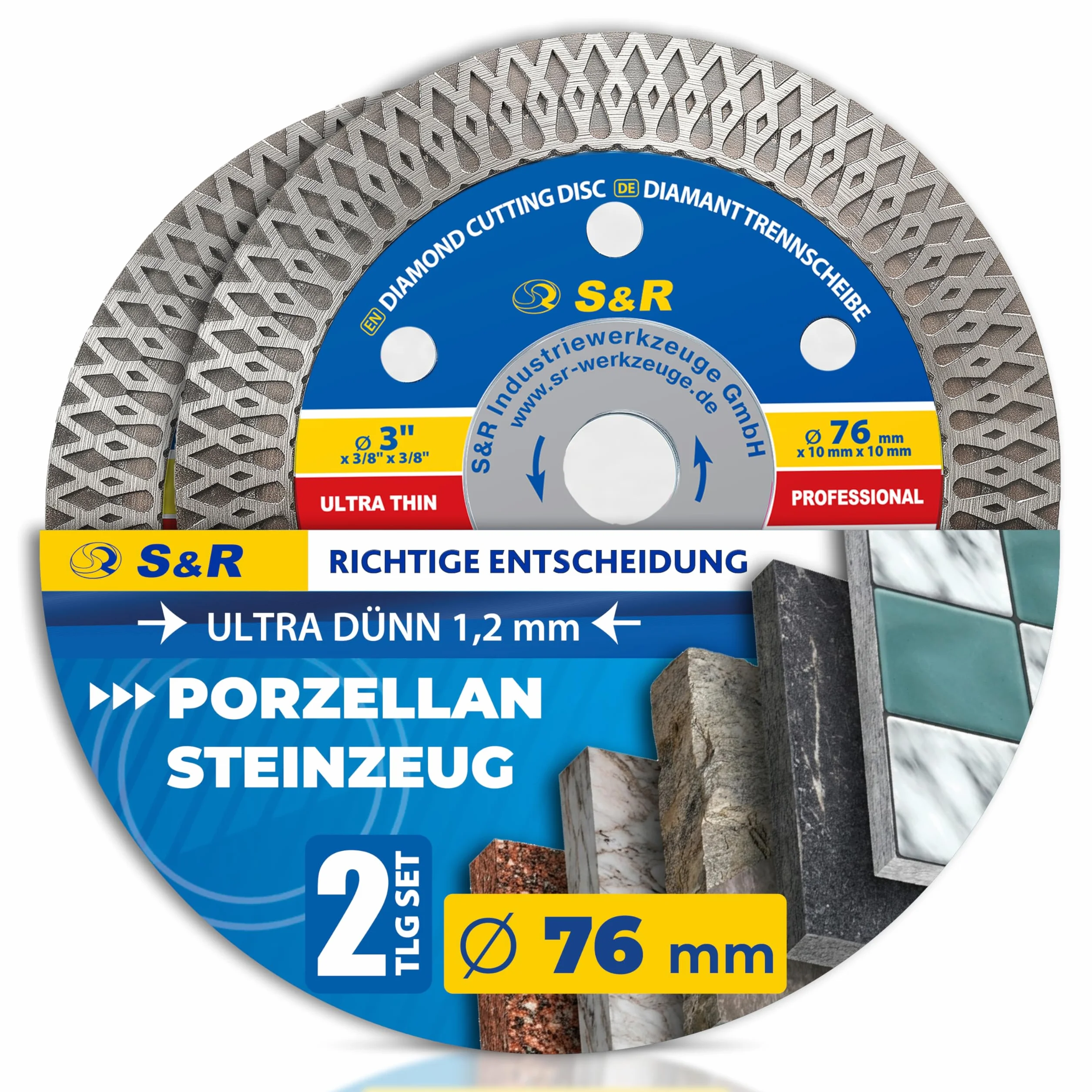 S&R 2-częściowa diamentowa tarcza tnąca, tarcza tnąca 76mm, diamentowa tarcza 176mm, 76 * 10 * 0.8 * 1.2 * 10mm porcelana, polerowany gres, granit
