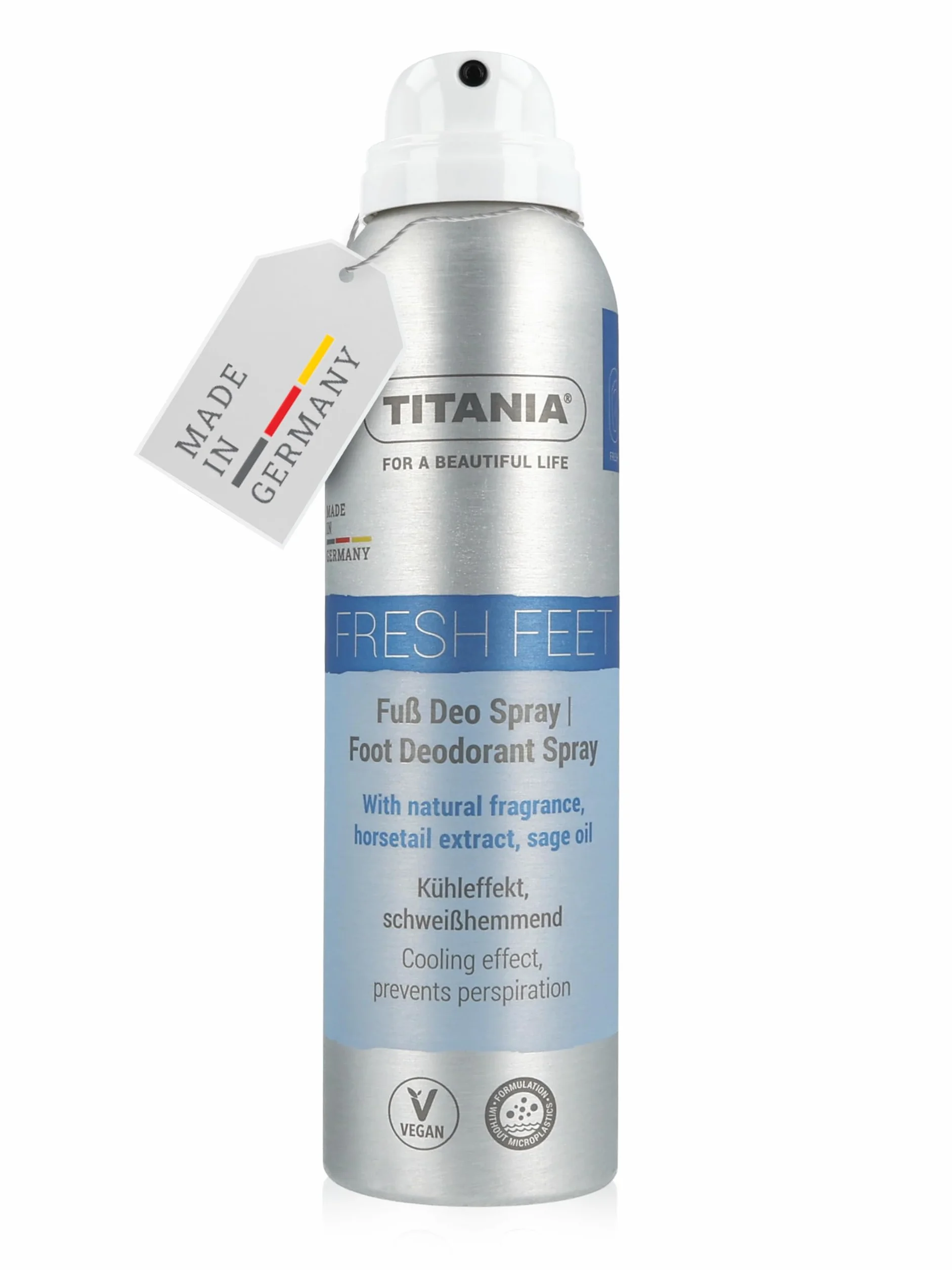 TITANIA Dezodorant w sprayu do stóp 150 ml – hamuje pot z ekstraktem ze skrzypu polnego i olejkiem szałwiowym – świeży zapach cytrusowy – wegańska receptura bez mikroplastiku