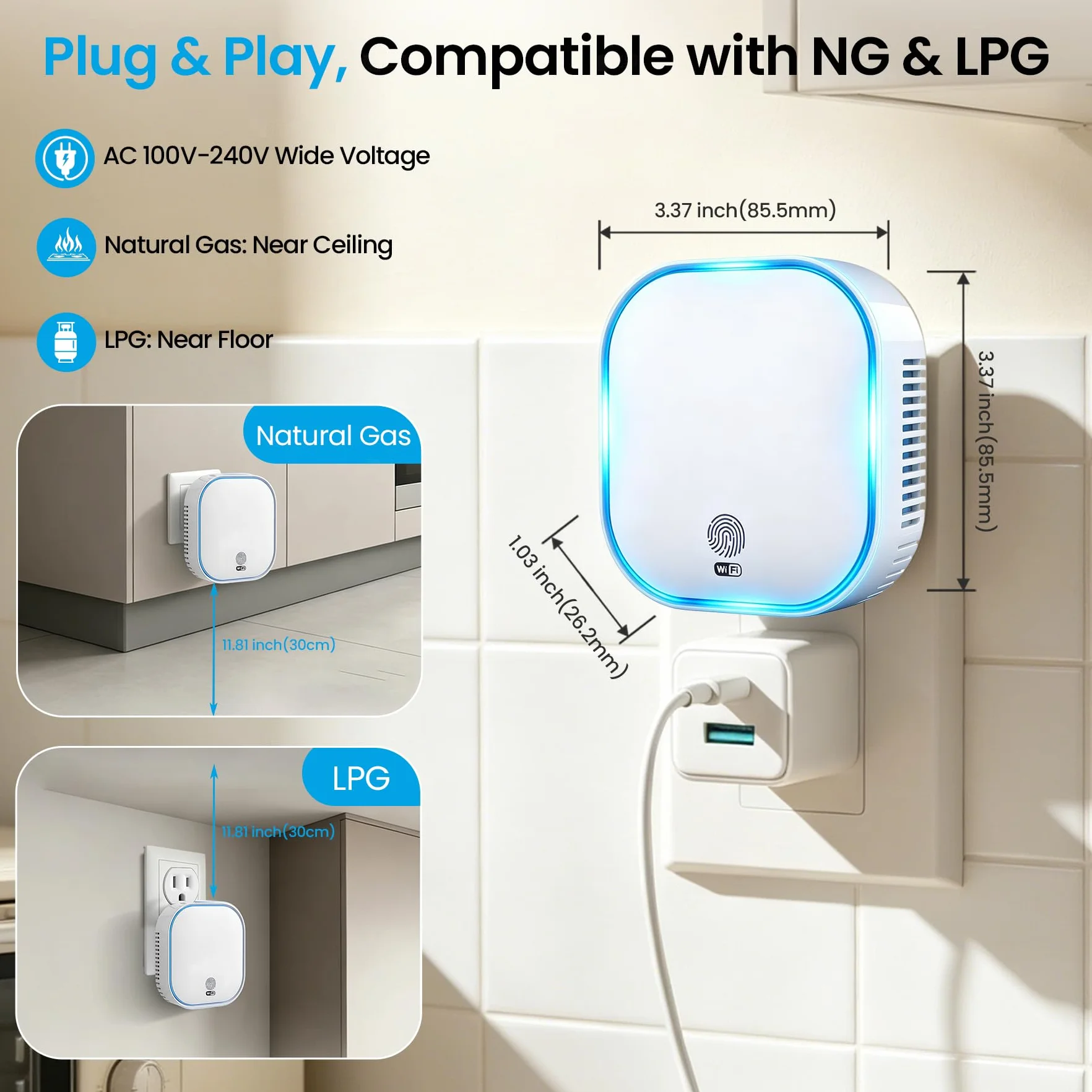 BoundlessBrothers Detektor gazu WiFi, alarm kuchenny 50194, kompatybilny Tuya Smart 2,4 GHz, czujnik wycieku gazu naturalnego, metan, propan, butan, LPG