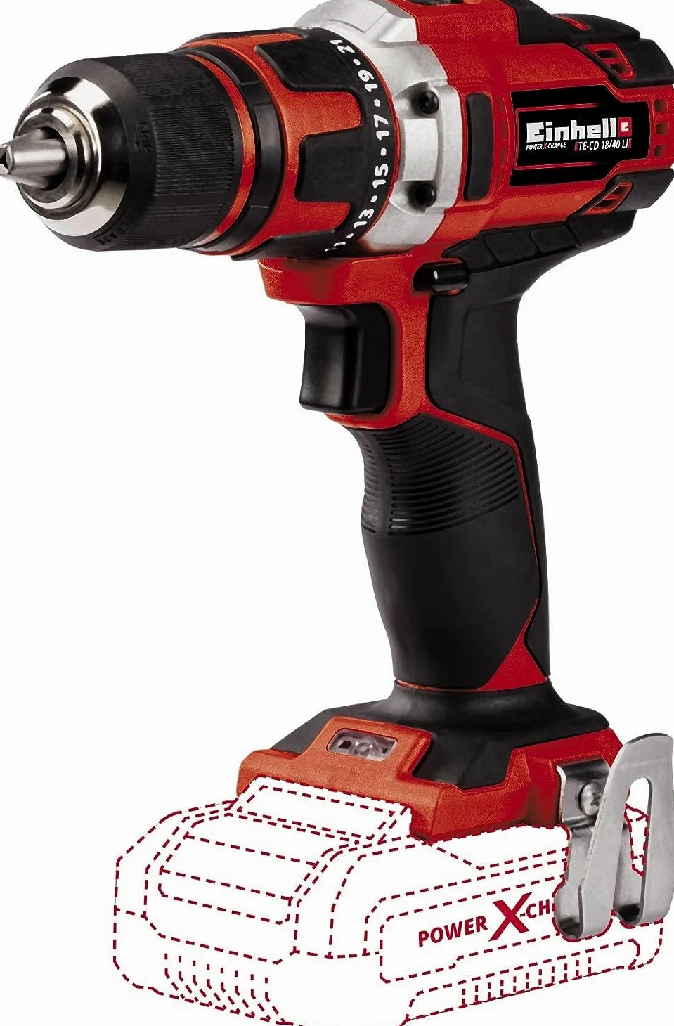 Einhell Wkrętarka akumulatorowa TE-CD 18/40 Li-Solo Power X-Change (Li-ion, 18 V, maks. 40 Nm, 2-biegowa przekładnia, elektronika prędkości, uchwyt Softgrip, bez akumulatora i ładowarki)