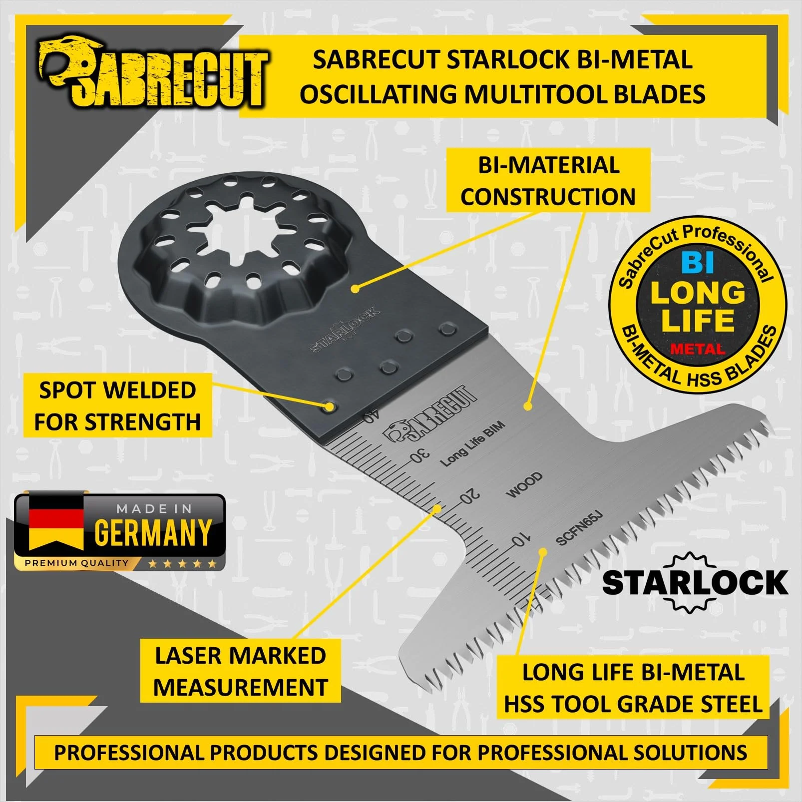 SabreCut 5pcs SCFN65J_5 65mm x 40mm 14 TPI Grube Ząb Ostrza multitool | Kompatybilne z Bosch, Fein (Non-StarLock), grube ostrza tną szybko