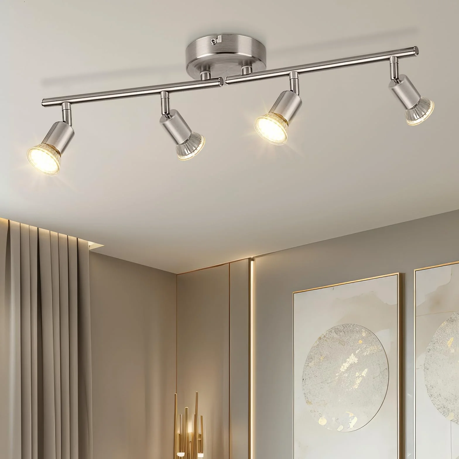 Obrotowy reflektor sufitowy - niklowana matowa 4-drożna lampa sufitowa GU10 LED Zakres LED 350° nowoczesne lampy do kuchni, salonu, bez żarówek