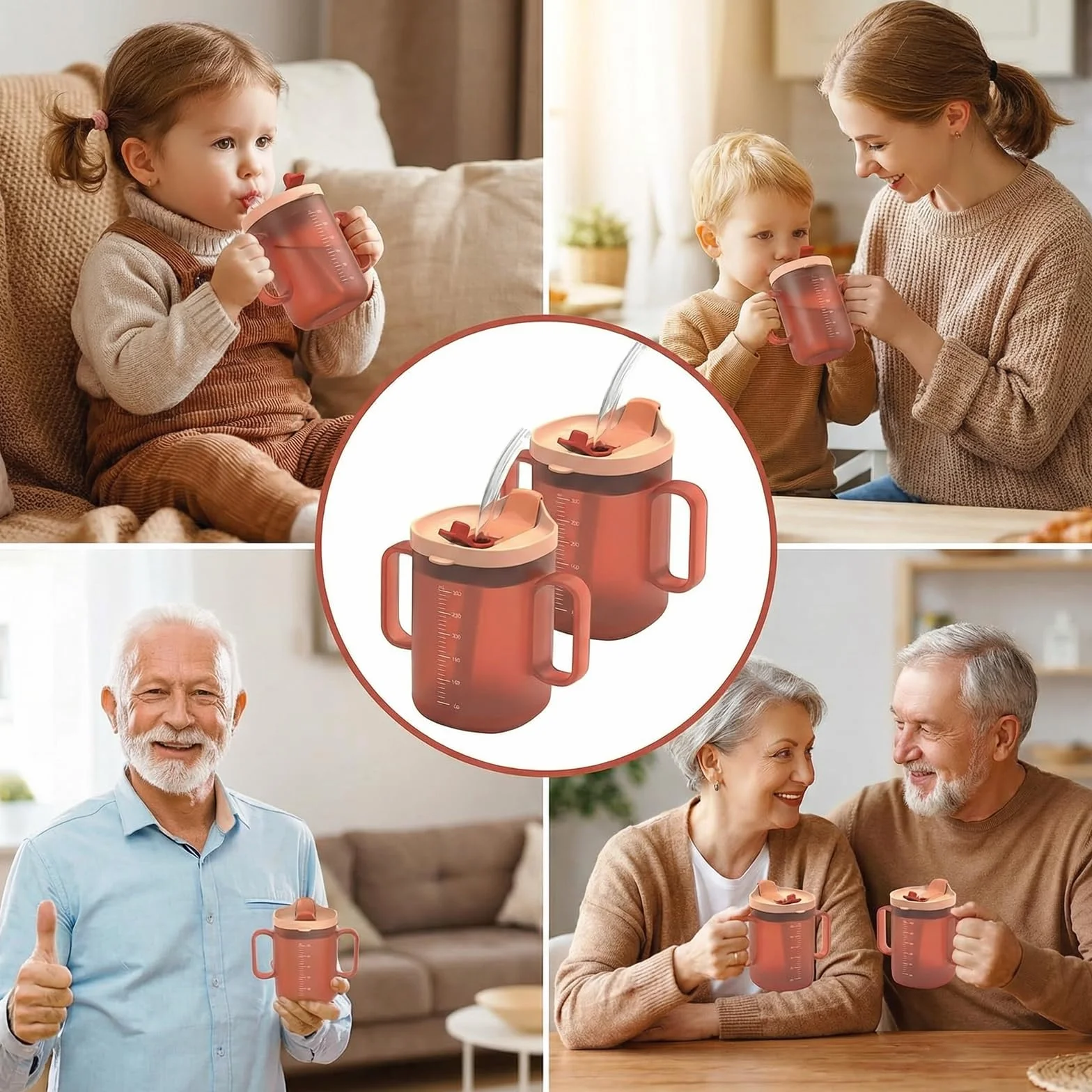 Kubki z ustnikiem dla seniorów 300mL, 2 sztuki, Dwuuchwytowe kubki do picia z pokrywką i słomką, Kubki z ustnikiem dla osób starszych