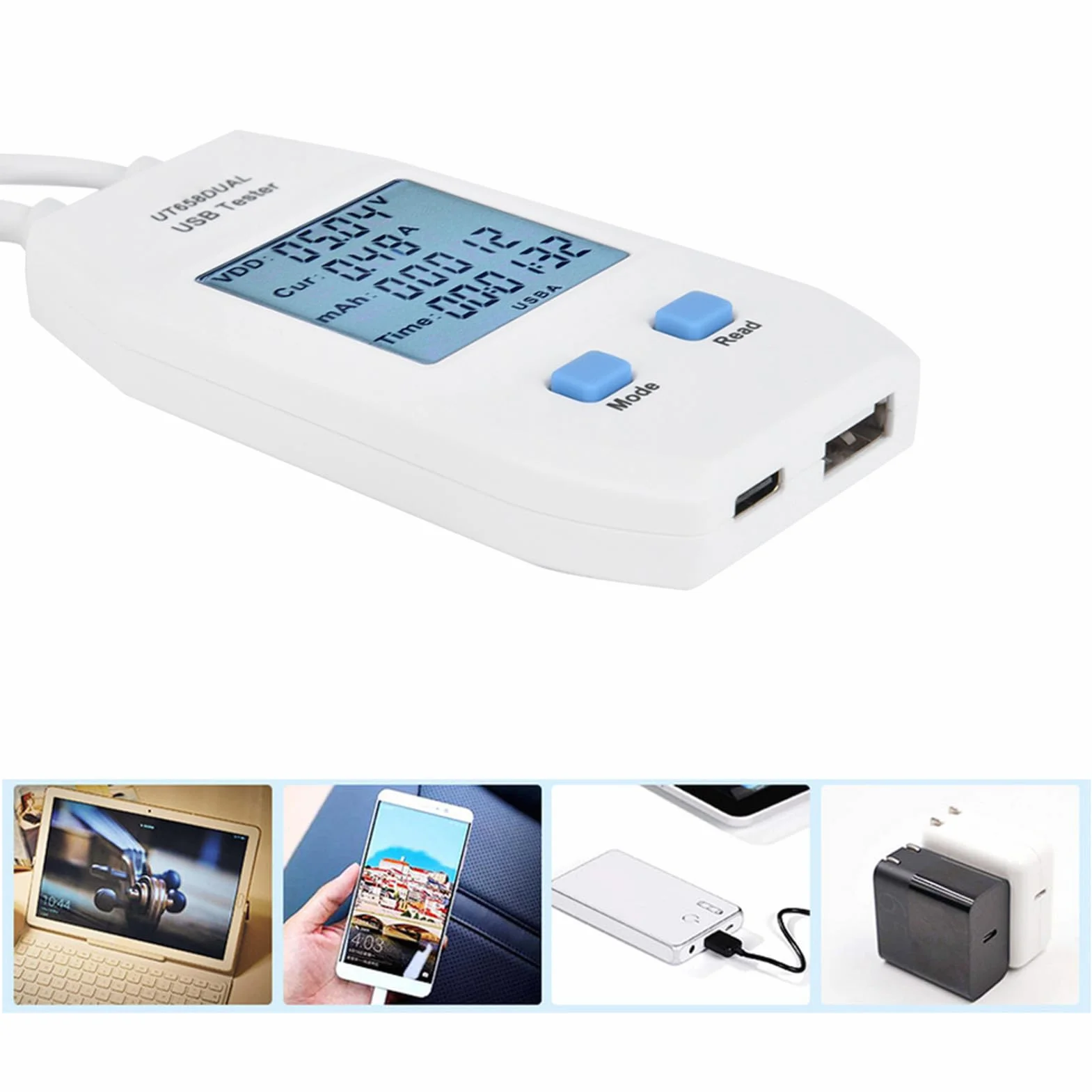 Generic LCD USB Tester Woltomierz Cyfrowy Amperomierz Miernik Mocy do Testowania Inżynieryjnego i Majsterkowiczów Biały ABS (UT658 podwójny)