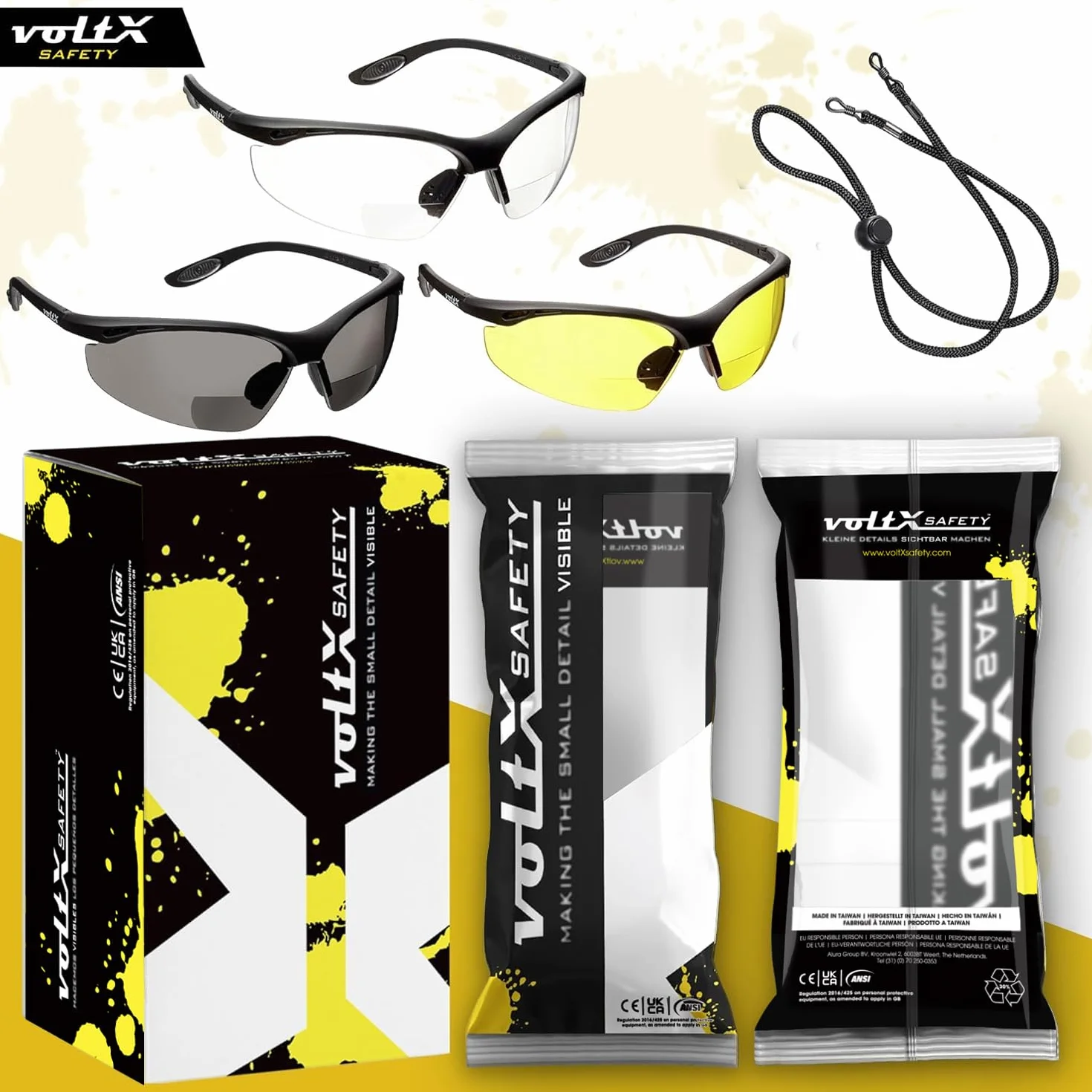 BIFOKALE voltX 'Constructor' okulary ochronne z funkcją czytania (+ 1.0 - +3,0 przezroczystych dioptrii, żółto-szare) z certyfikatem CE EN166f / okulary sportowe dla rowerzystów