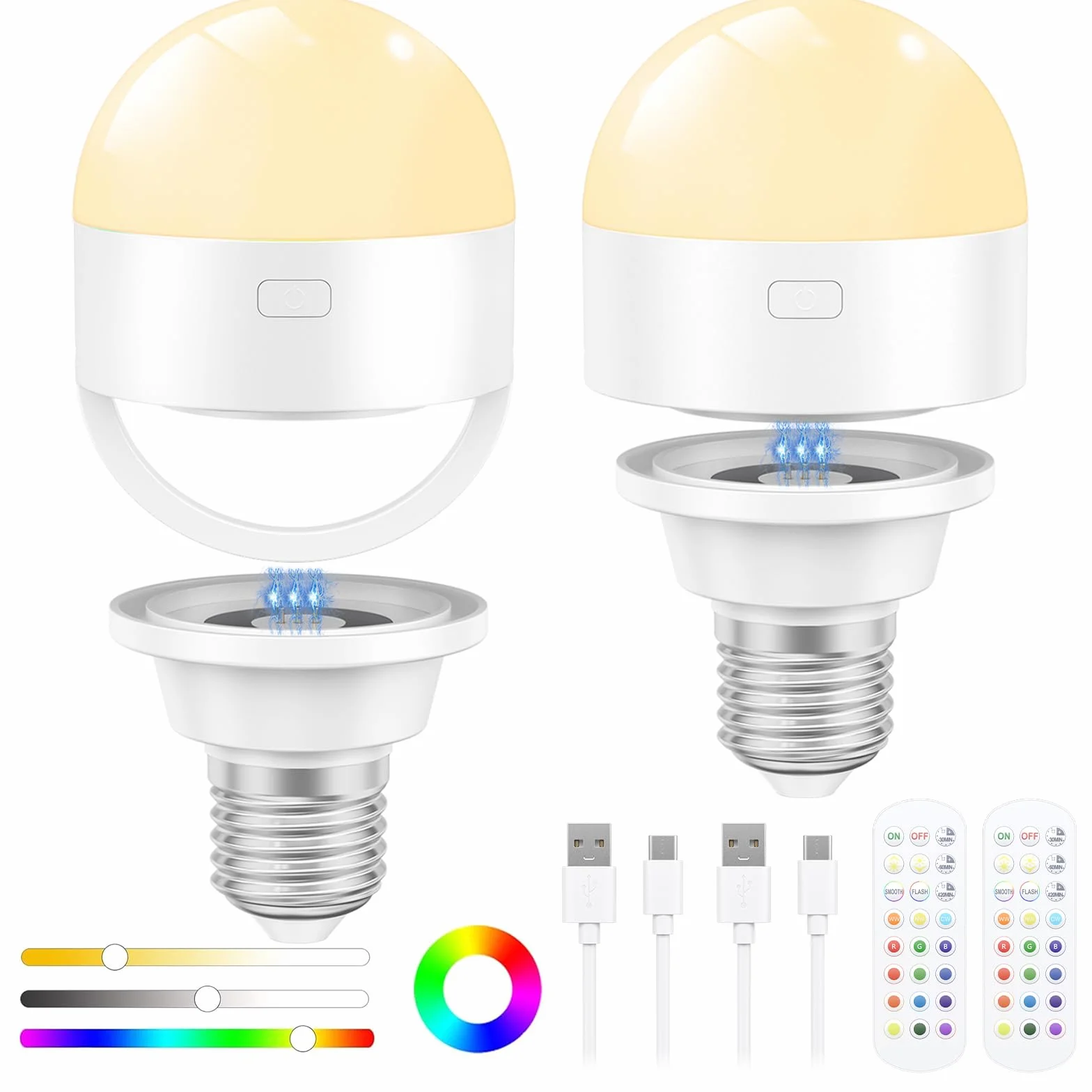 Oumida Żarówka LED do ponownego ładowania USB-C z pilotem zdalnego sterowania, E27 kolorów RGB, żarówka LED z baterią, 3 W, sterowanie dotykowe, z funkcją timera, światło awaryjne z magnesem (biała x