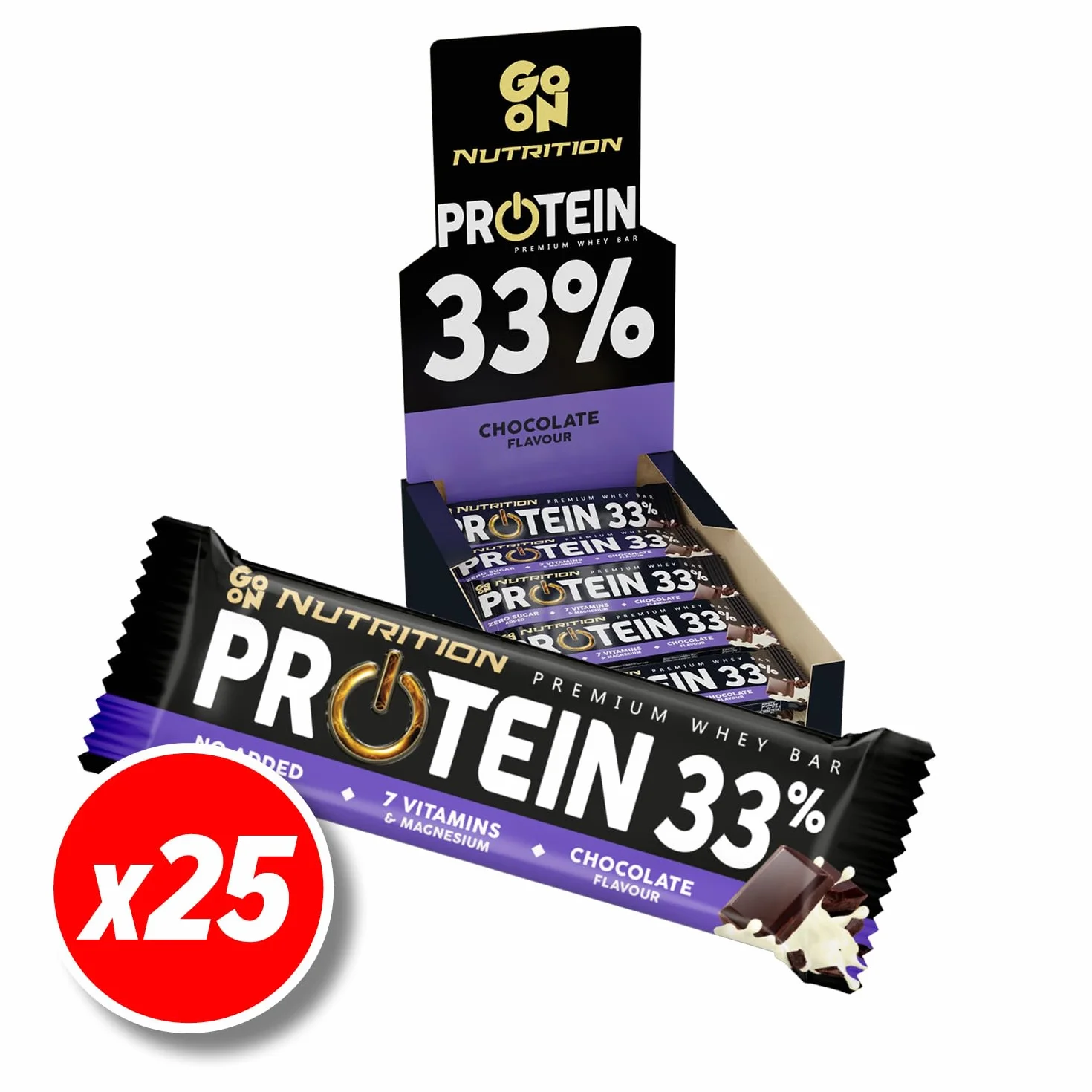 GoOn NUTRITION - Baton proteinowy czekoladowy 25x50 g, bez cukru 33%, batony proteinowe, przekąski sportowe, wysoka zawartość błonnika i magnezu