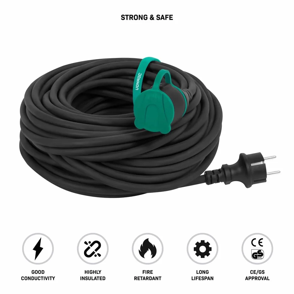 VONROC Pro Przedłużacz 25 m - IP44 - Kabel neoprenowy H07RN-F 3x1,5 mm² - z opaską kablową