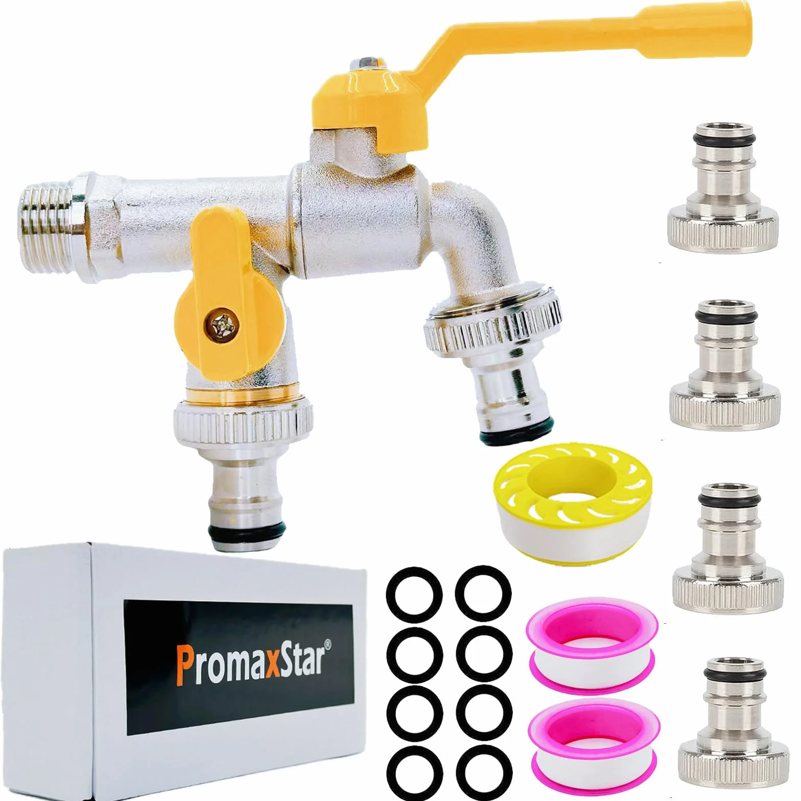 Brass Double Water Tap, 1/2 cala podwójny wylot ogrodowy Tap Antifreeze Double Output Faucets with 4 Connectors für Outdoor Garden Washing Machine Rain Barrel Household Industry (Yellow)