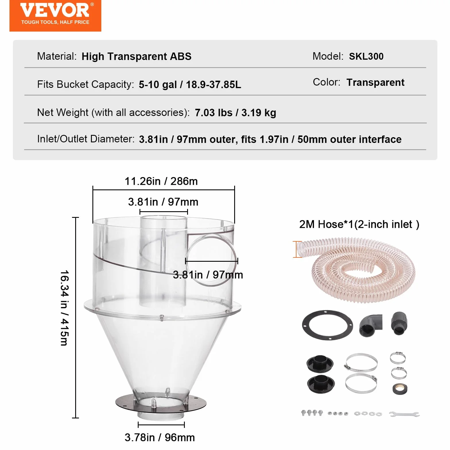 VEVOR Cykloniczny odpylacz ABS 101,6 mm filtr cyklonowy odpylacz z adapterem 50 mm wąż 2 m do odkurzaczy warsztatowych na mokro/sucho pasuje do zbiorników o pojemności 18,9-37,85 l