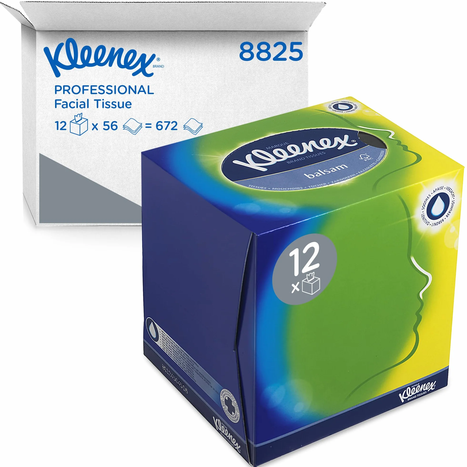 Chusteczki do twarzy w kostce Kleenex 8825 — białe, 3-warstwowe, 12 x 56 (672 arkusze)