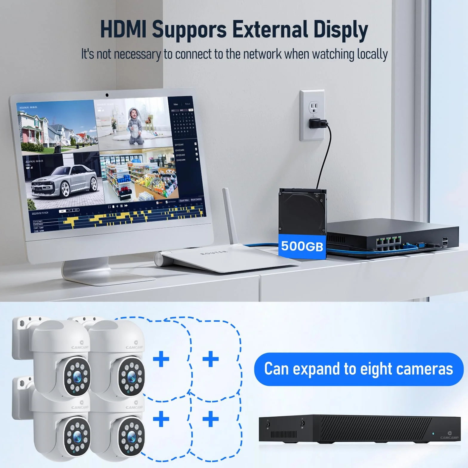 CAMCAMP 5 MP PoE kamera do monitoringu, zestaw zewnętrzny, 4 x kamera PoE IP i 500 GB HDD NVR do nagrywania 24/7 w pomieszczeniach, na zewnątrz, automatyczne śledzenie, 2-drożne audio, widoczność w