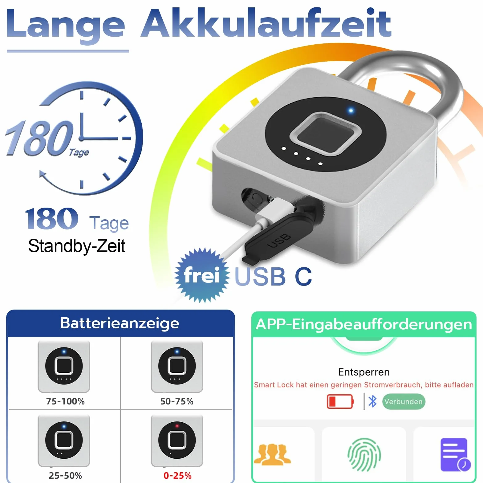 Eseesmart Zamek odcisk palca, kłódka do studia fitness, odblokowywanie odcisków palców Bluetooth IOS Watch, wodoszczelna kłódka do bagażu, magazynów, samochodów towarowych, garażu, szafki