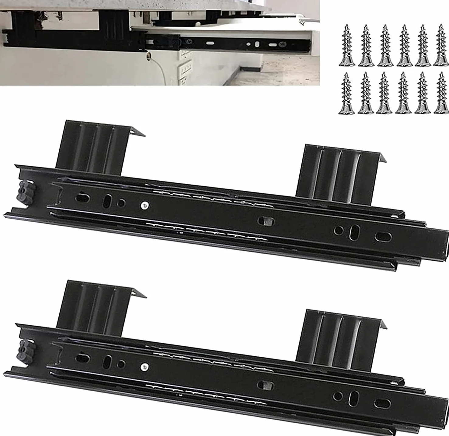 Pełen wysuw Prowadnice szuflad Prowadnice Prowadnice Prowadnice Zamienne szyny 2 szt. Metalowe prowadnice szuflad, Prowadnice podstawki pod klawiaturę, 3 fałdy, Prowadnice łożyskowe Ciche, Udźwig 40 k