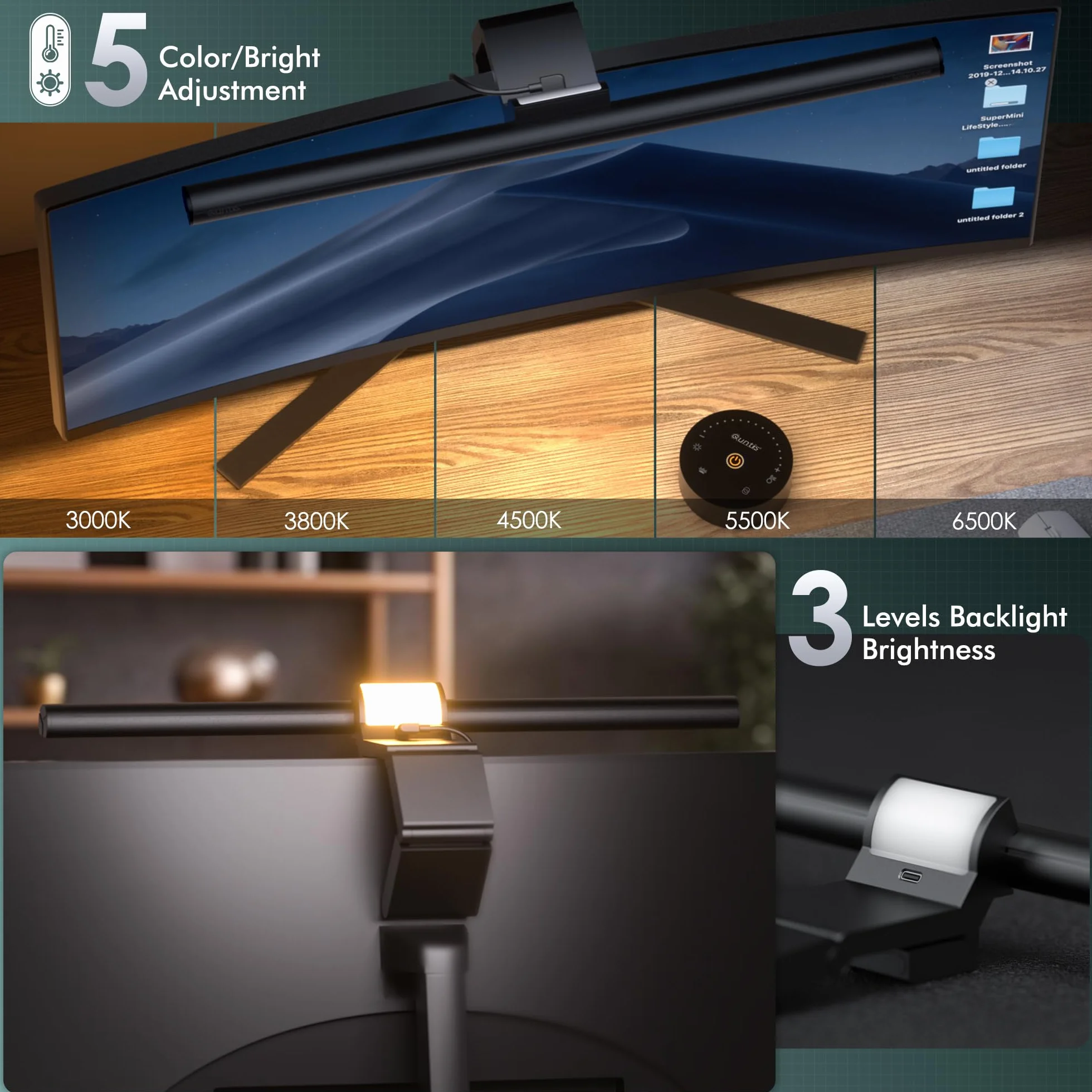 Quntis 42,5 cm Lampa Monitora z Podświetleniem, Pilot, Automatyczne Ściemnianie, Zakrzywiona Listwa Oświetleniowa