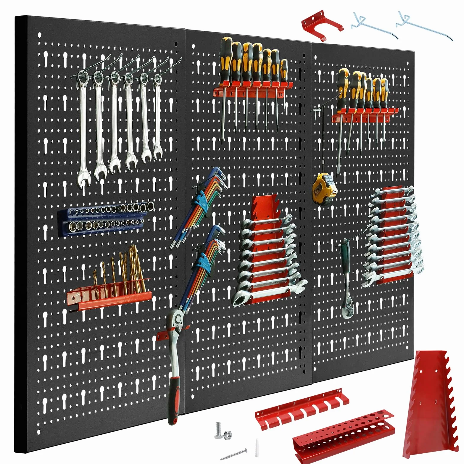 CCLIFE Ścianka narzędziowa ściana perforowana metalowa ścianka z otworami na narzędzia, trzyczęściowa, 120 x 60 x 2 cm, możliwość rozszerzenia, w zestawie 35-częściowe akcesoria, regał ścienny,