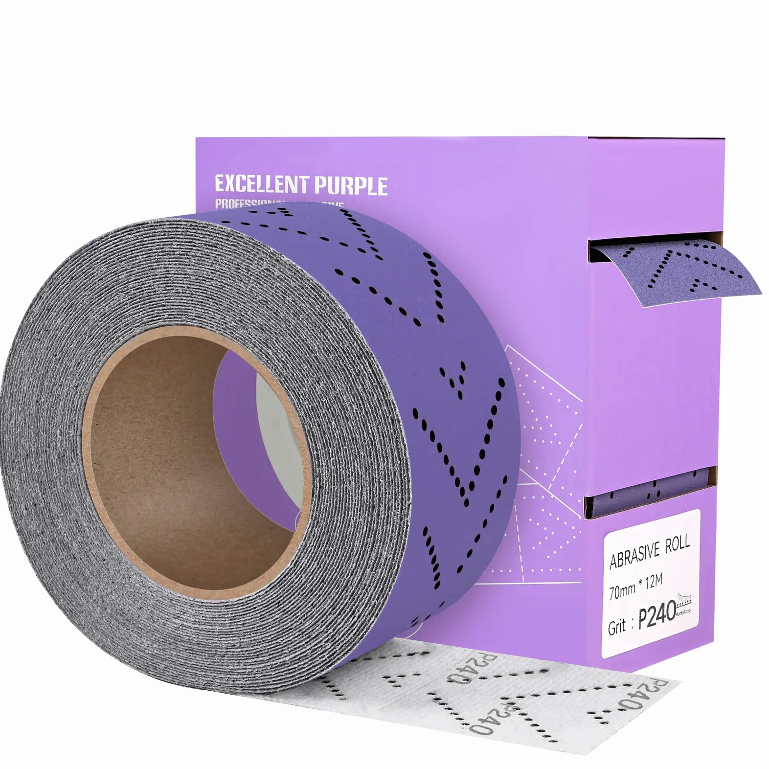 Papier ścierny w rolce Multi-Hole, 70 mm x 12 m, rolka arkusza szlifierskiego, ziarnistość 240, wstępnie cięte, ręcznie rozdarty, papier ścierny, fioletowy, rolka szlifierska ceramiczna do
