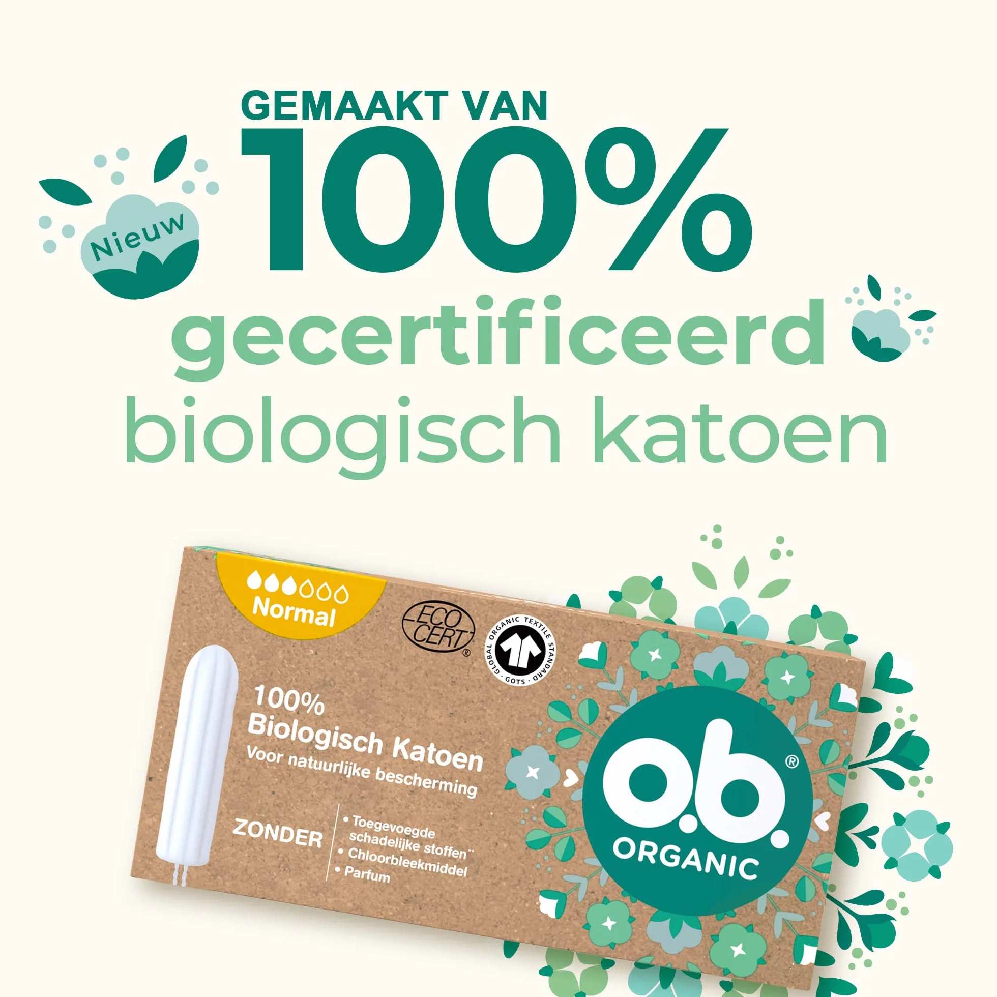 o.b. Organic Normal Biotampony na średnie do cięższych dni z 100% biobawełny, 6 x 16 sztuk